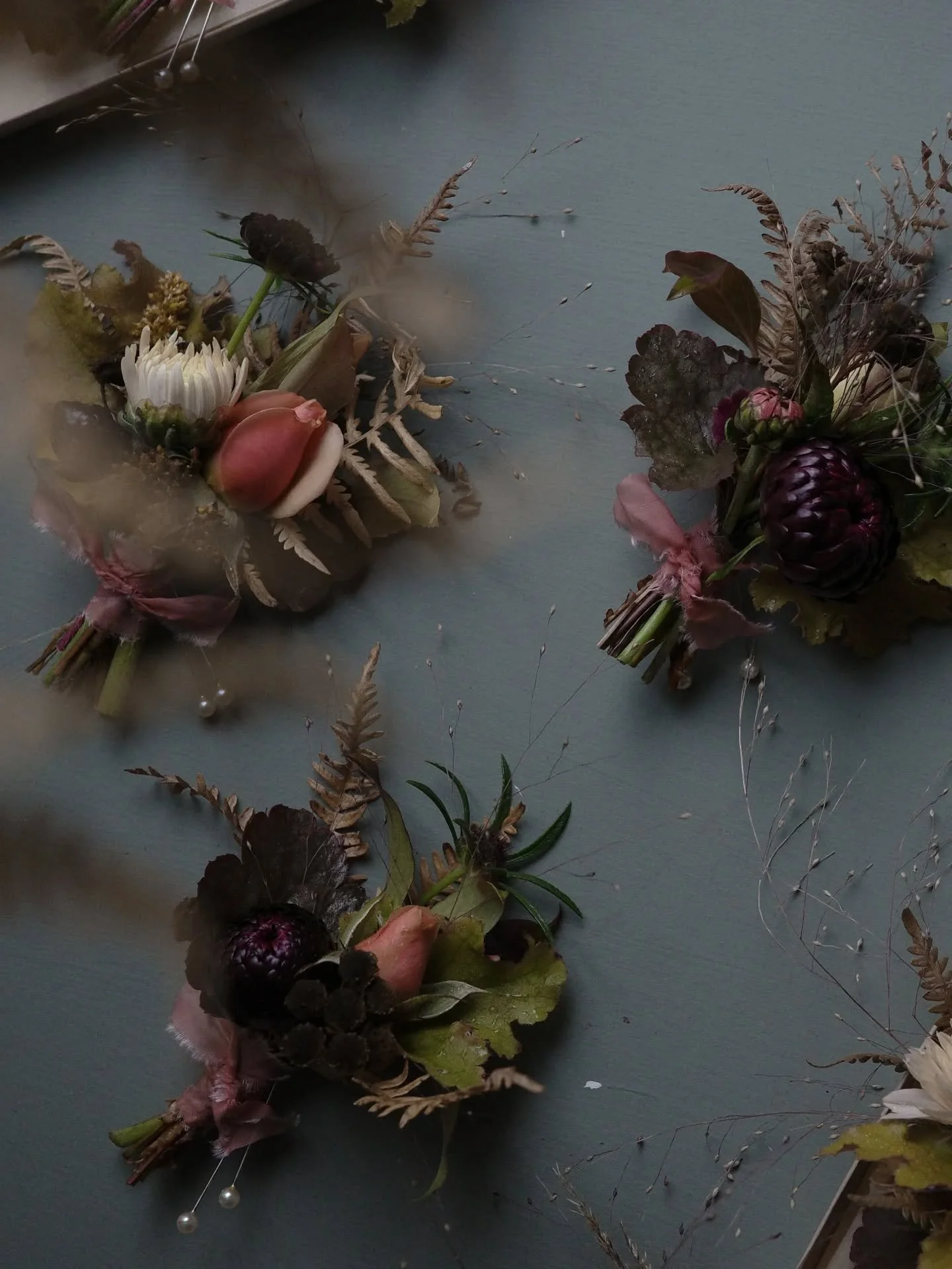 Autumn buttonholes. 

Worn yesterday by J and his groomsmen - a very lovely bunch who helped move ceremony arrangements whilst Storm Amy did her thing. Good folks. 

Flowers from the Ochre garden, @scottishflowergrowercollective @keepingtheplotflower