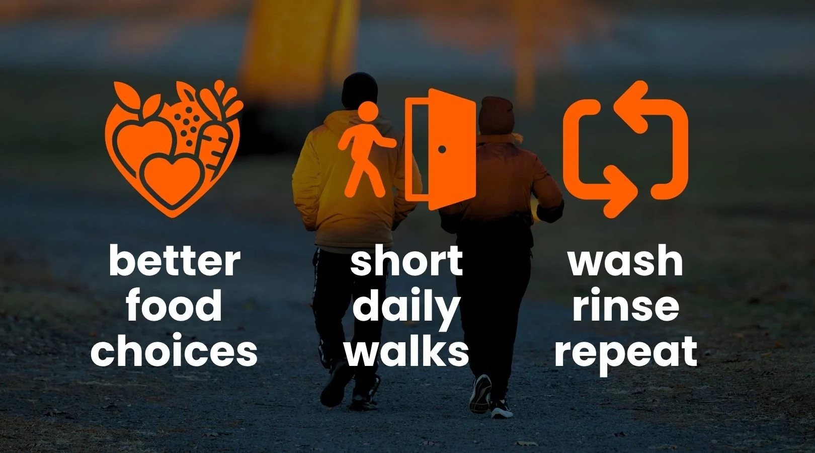 Two people walking with Trainer Joe's small health habits overlayed, "better food choices," "short daily walks," and "wash, rinse, repeat."