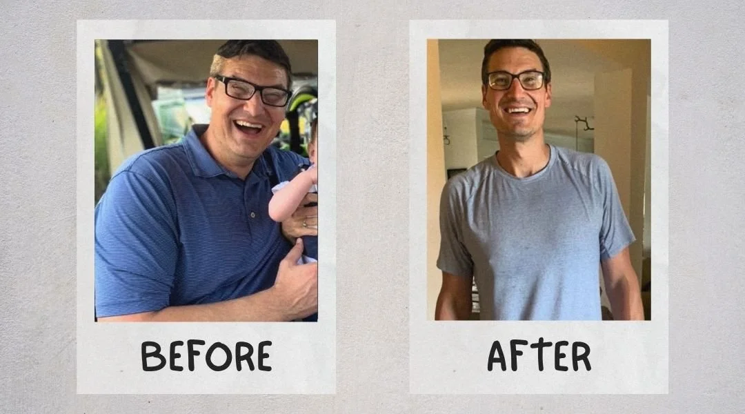 Before and After photos of Pastor Curt, who lost over 80 pounds with Trainer Joe's program and 4 mindset shifts.