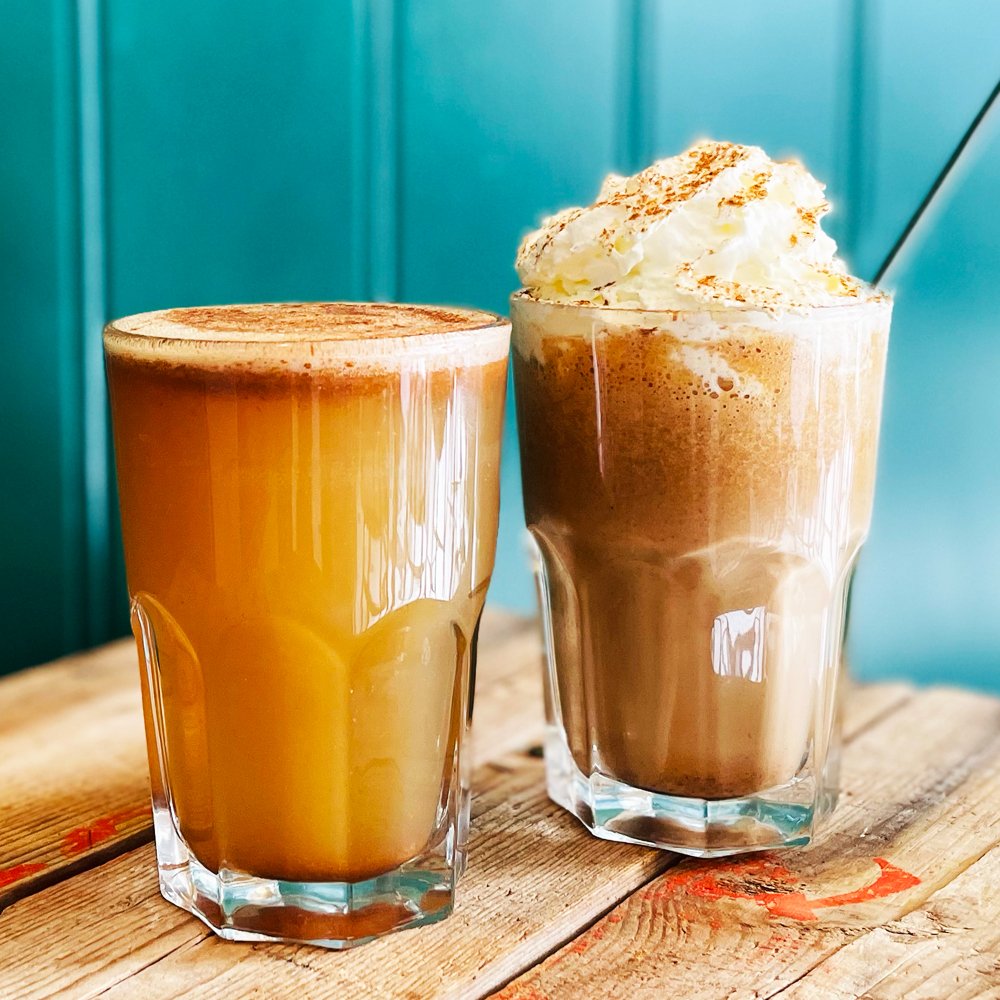 Hot Apple Cider and Pumpkin Pie Lattes are housemade at The Pie Co. in Copenhagen, Denmark. Our Pumpkin Pie Latte is made with real pumpkin and our own pumpkin spice blend.