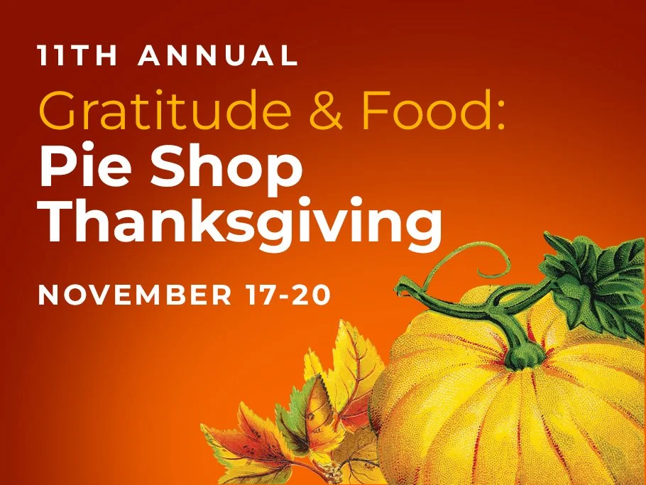 11th Annual Gratitude & Food: Pie Shop Thanksgiving event, happening from November 17 to 20, with an illustration of a pumpkin and fall leaves. Event tickets available at www.madbillet.dk