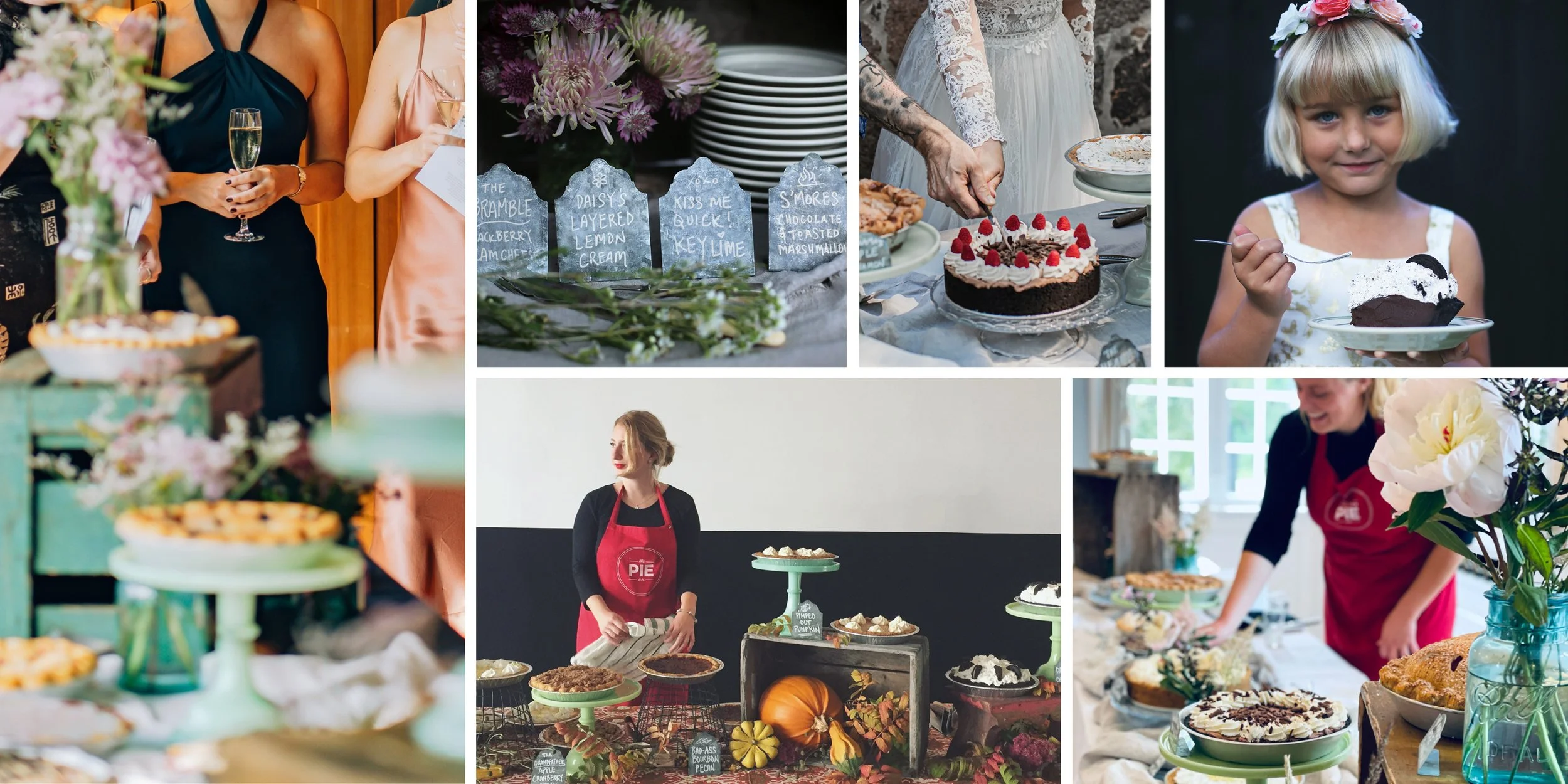 Various desserts including cakes, pies, and pastries displayed at a bakery or event, with people serving and enjoying the treats, flowers, and decorations.