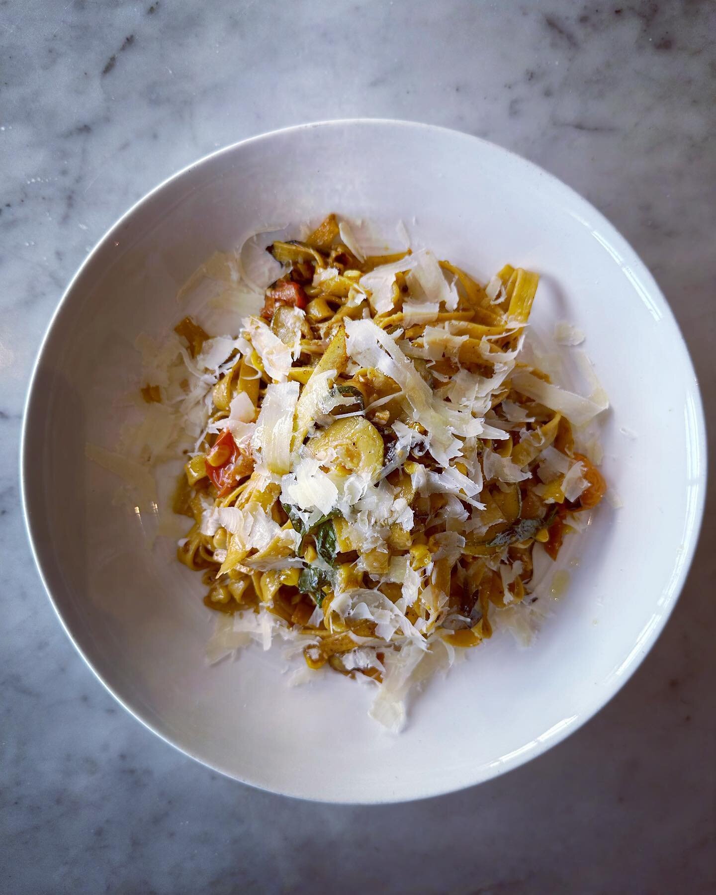 Tonight&rsquo;s fresh pasta is tagliatelle with cherry tomatoes, corn and summer squash. Hope to see you : )