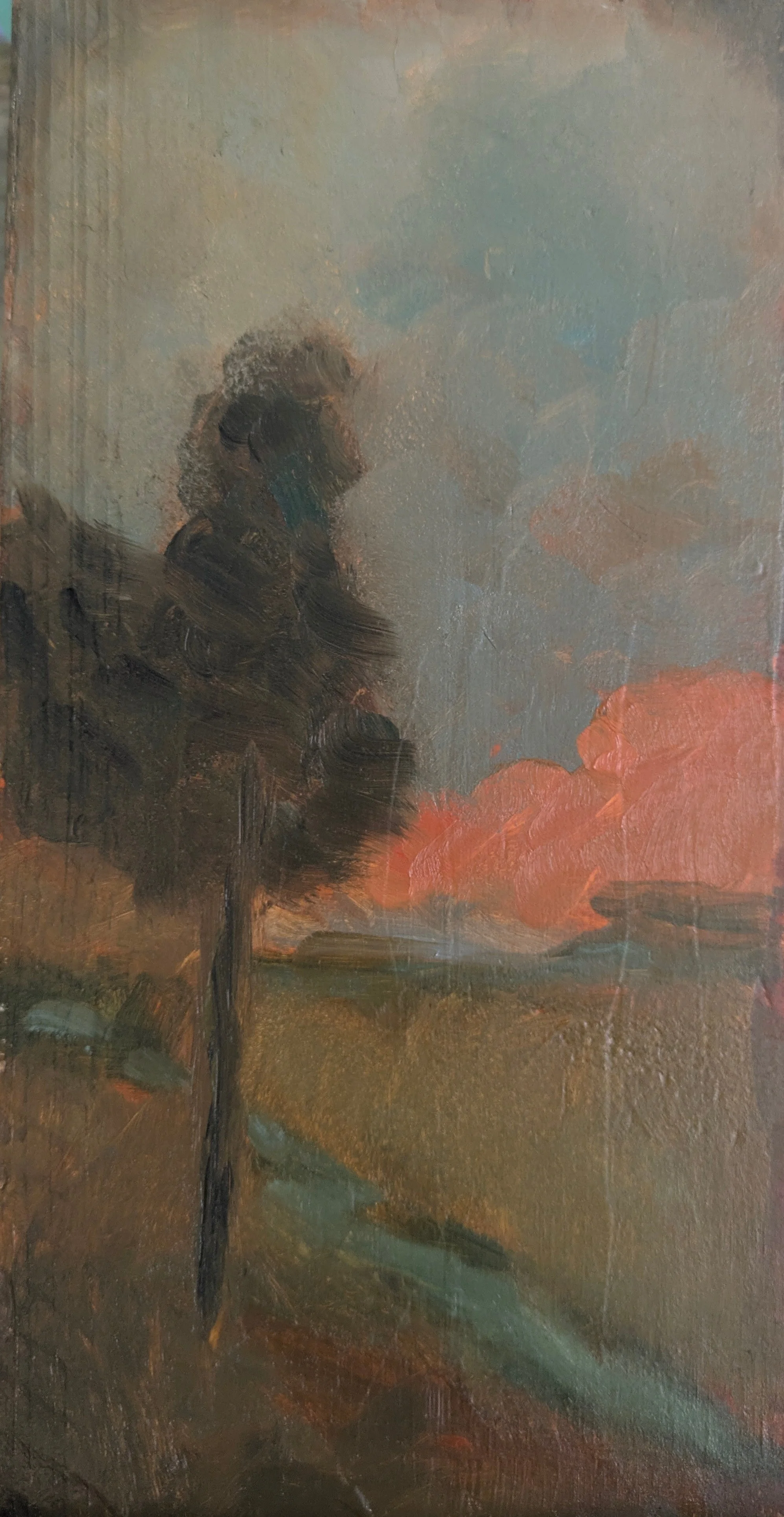 A person sitting on a park bench, facing left, with a sunset or sunrise in the background, painted with thick, textured brushstrokes in an impressionistic style.
