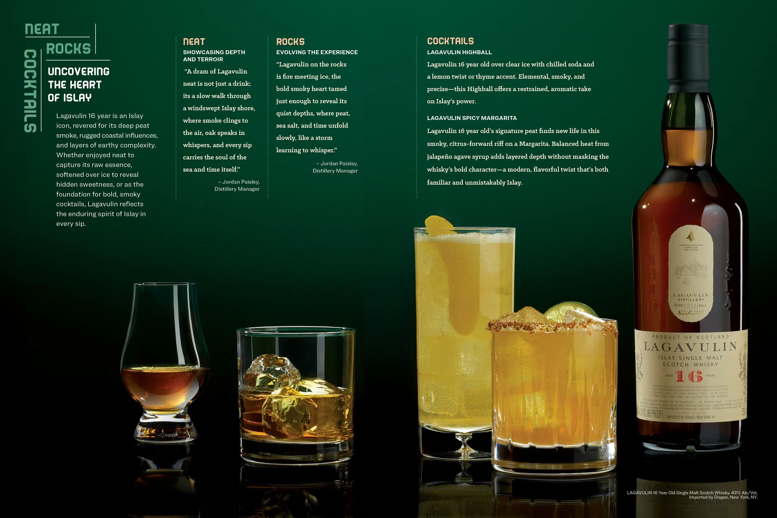 Whisky Advocate inside spread - showing various cocktails made from Lagavulin whisky - shot for whisky advocate magazine, photographed by Jeff Harris - food styling, commercial food stylist NYC