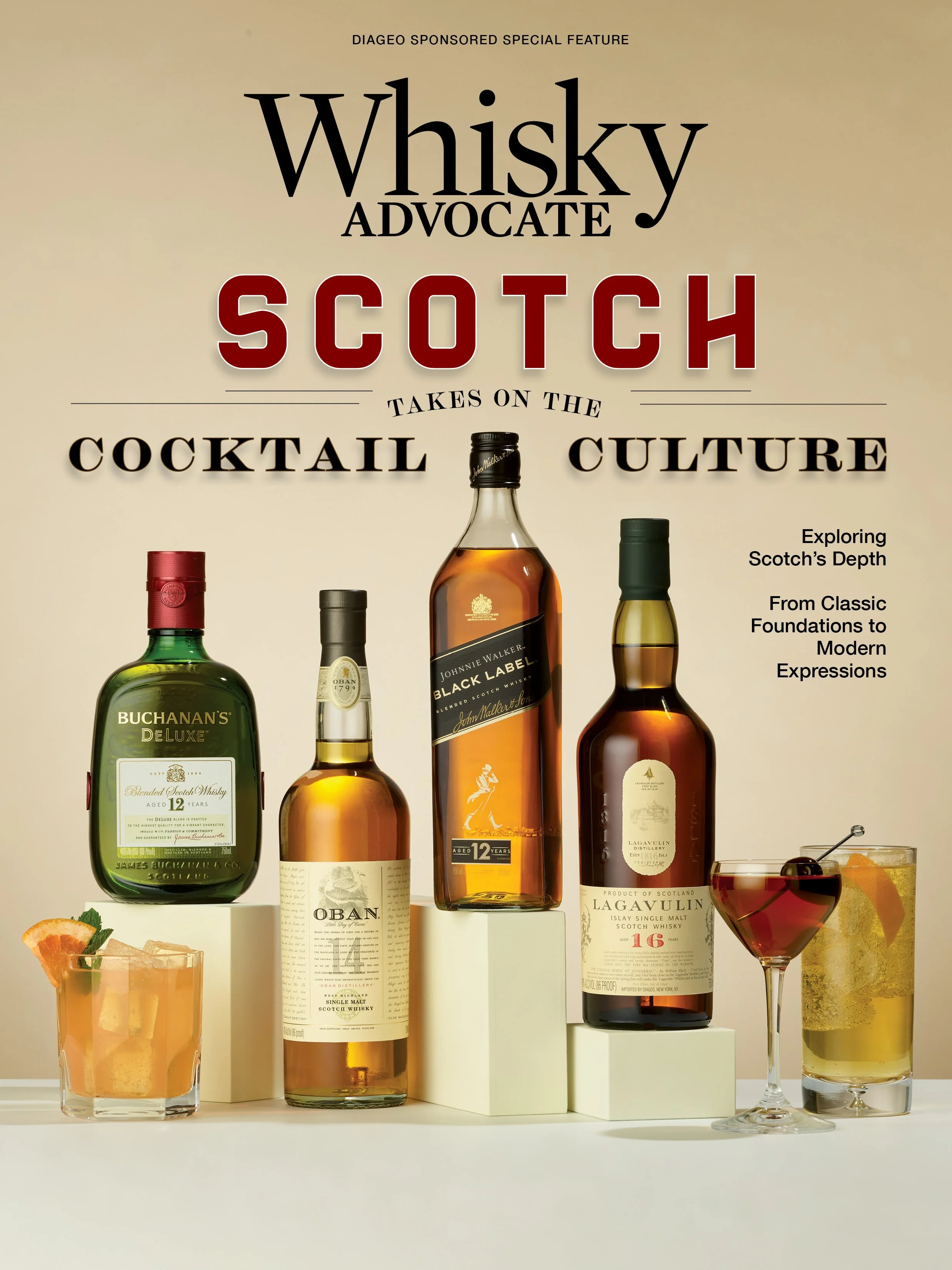 Whisky Advocate magazing cover showing multiple whisky bottles and cocktails - shot for whisky advocate magazine, photographed by Jeff Harris - food styling, commercial food stylist NYC