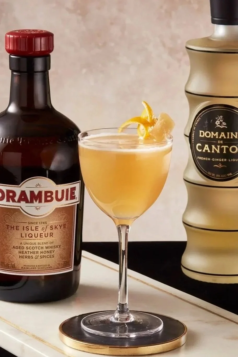 Ginger cocktail spritz Drambuie and ginger liquor bottles - shot for whisky advocate magazine, photographed by Jeff Harris - food styling, commercial food stylist NYC