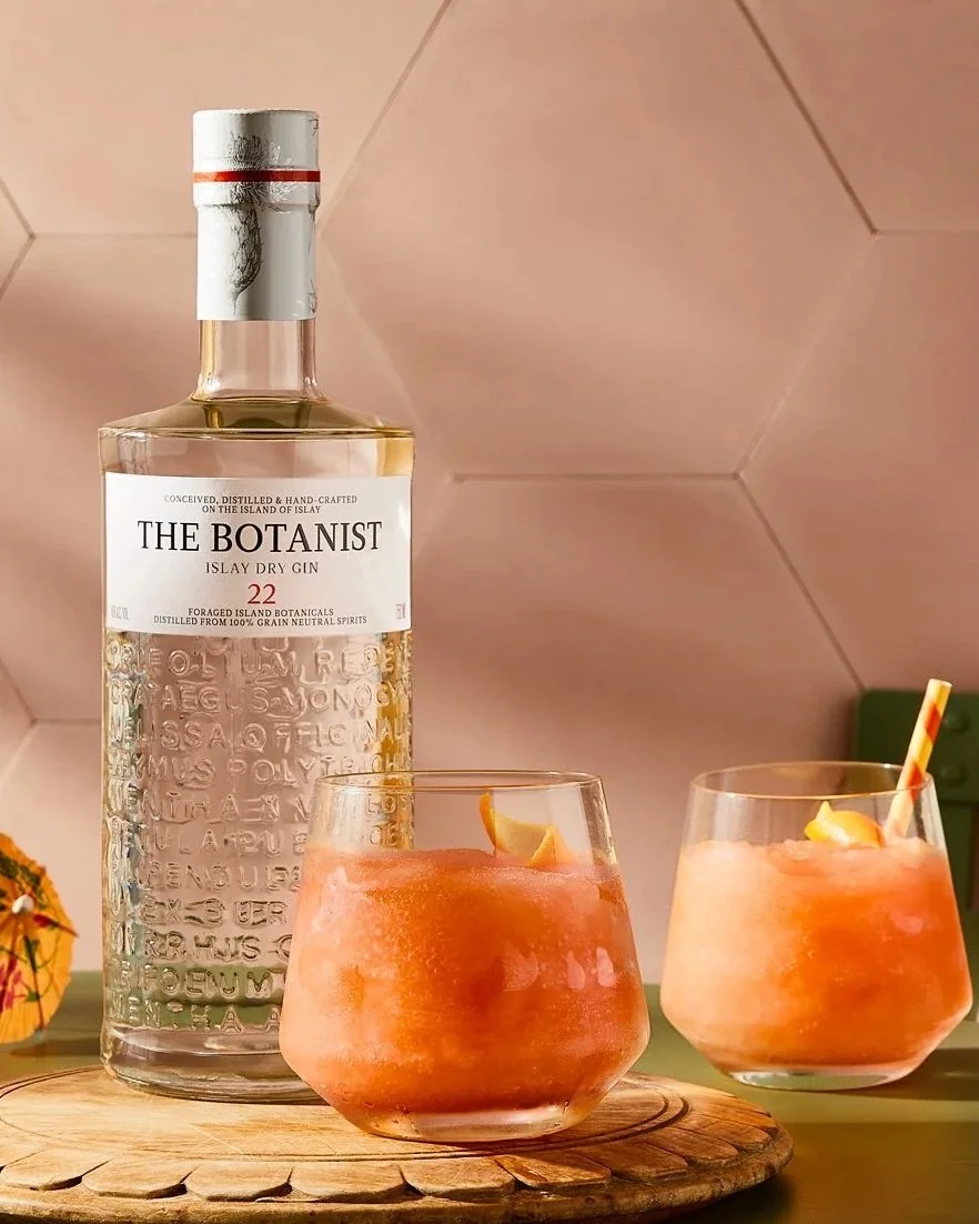 Botanist Gin cocktail with frozen orange and blood orange, photographed by Jular Gartland - Drinks Shoot for The Botanist - food styling, commercial food stylist NYC