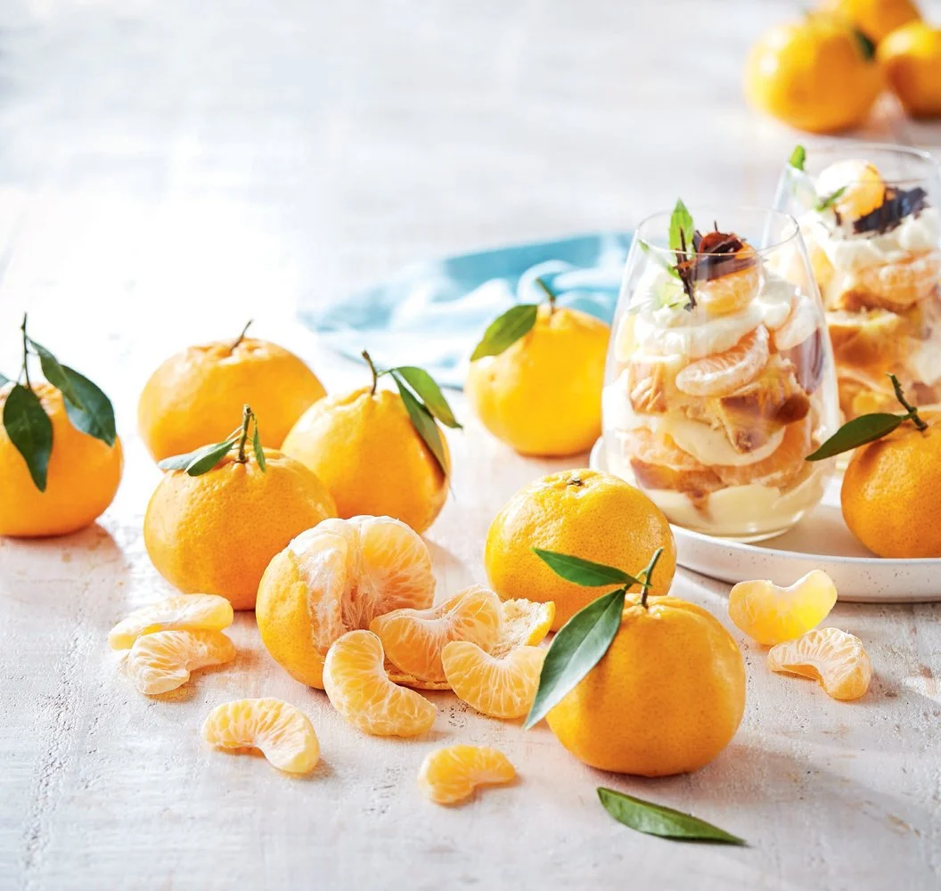 Mandarin array with mandarin trifle cups in the background, photographed by Sarah Rocco - food styling, commercial food stylist NYC