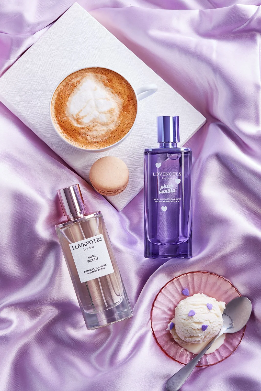 Bottle of Ariana Grande 'Love Notes' perfume with ice cream and whipped cream and macaroons in the background, photographed by Jeff Harris for Sephora campaign - food styling, commercial food stylist NYC