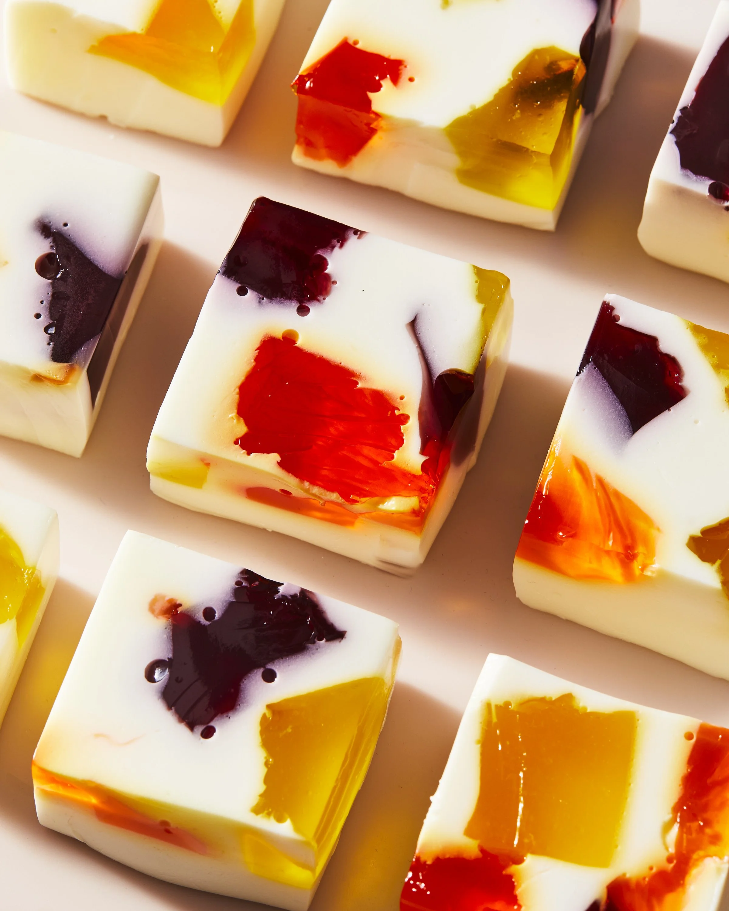Cubes of jello marbled with different colors and flavours, photographed by Julia Gartland for The Kitchn - food styling, commercial food stylist NYC