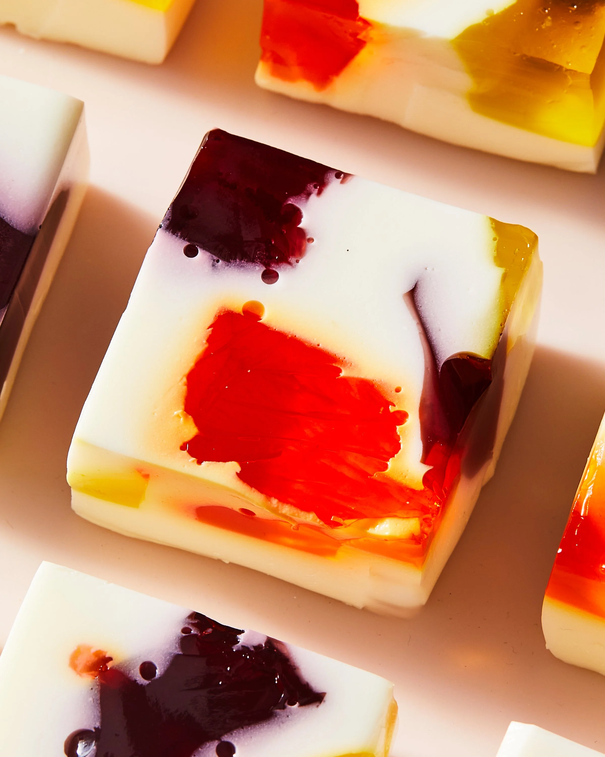 Cube of jello marbled with different colors and flavours, photographed by Julia Gartland for The Kitchn - food styling, commercial food stylist NYC