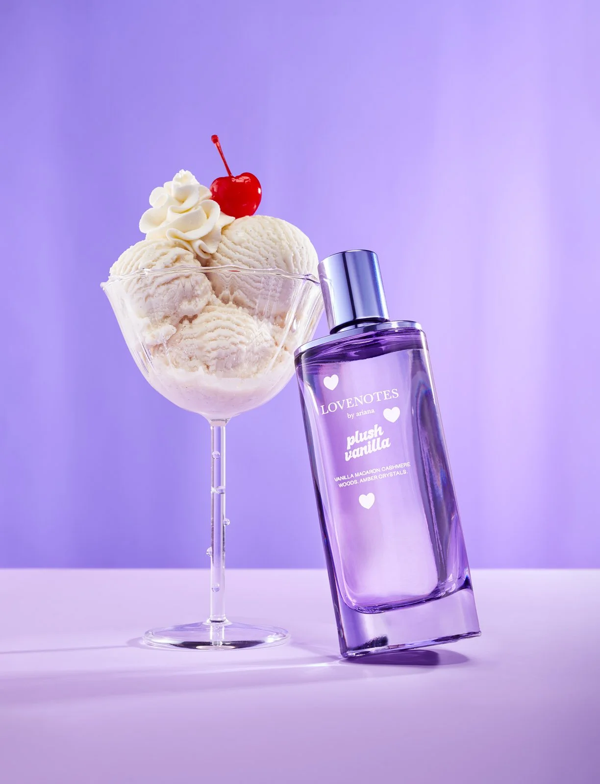 Bottle of Ariana Grande 'Love Notes' perfume next to a bowl of whipped cream, photographed by Jeff Harris for Sephora campaign - food styling, commercial food stylist NYC