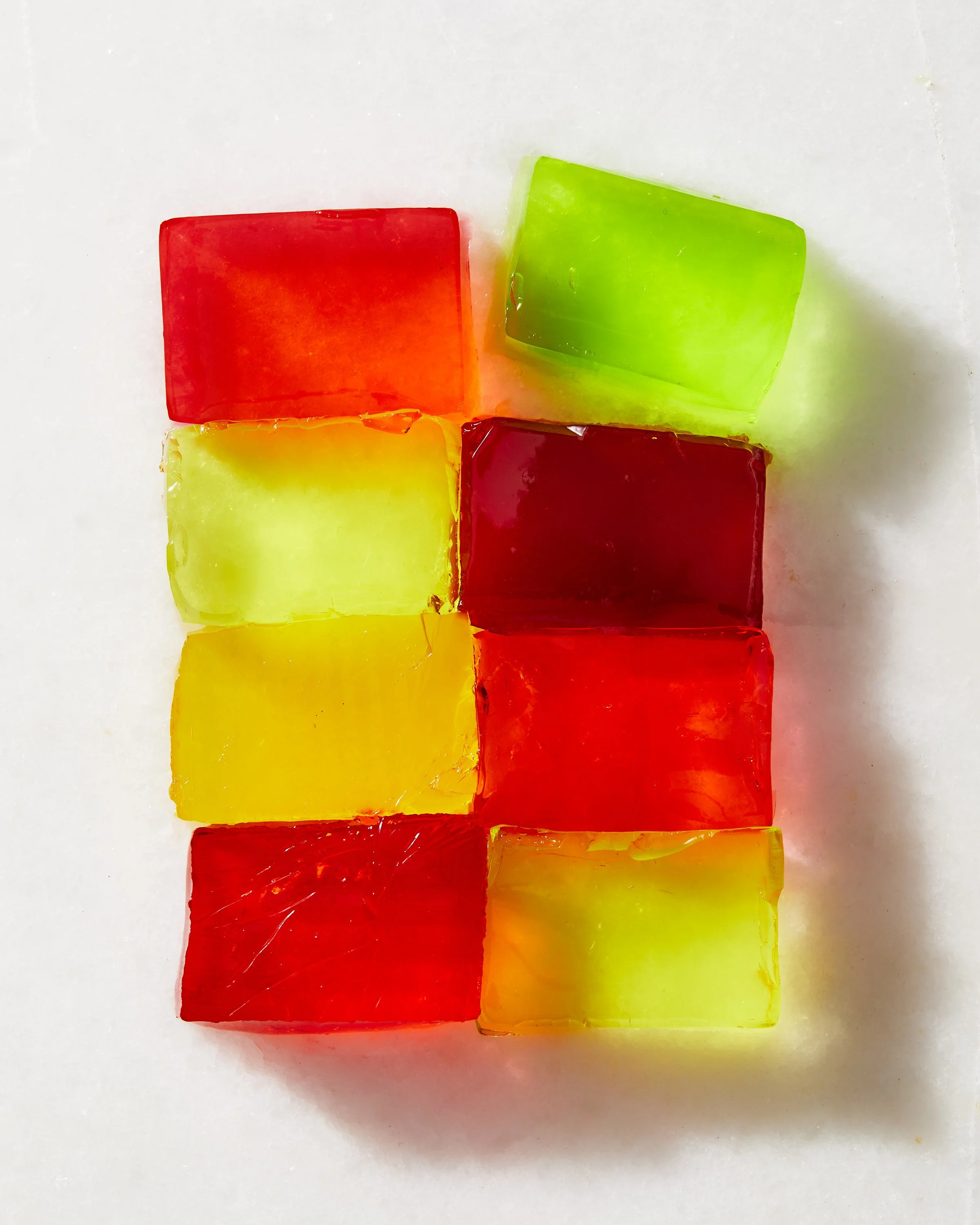 Cubes of jello jigglers with different colors and flavours, photographed by Julia Gartland for The Kitchn - food styling, commercial food stylist NYC