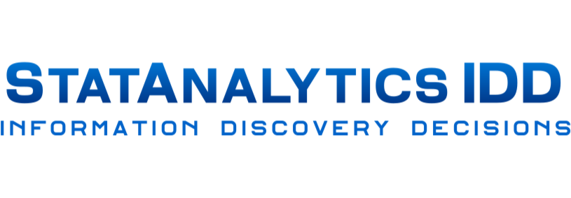 Wordmark for StatAnalytics IDD with the tagline 'Information Discovery Decisions' in blue and white text.