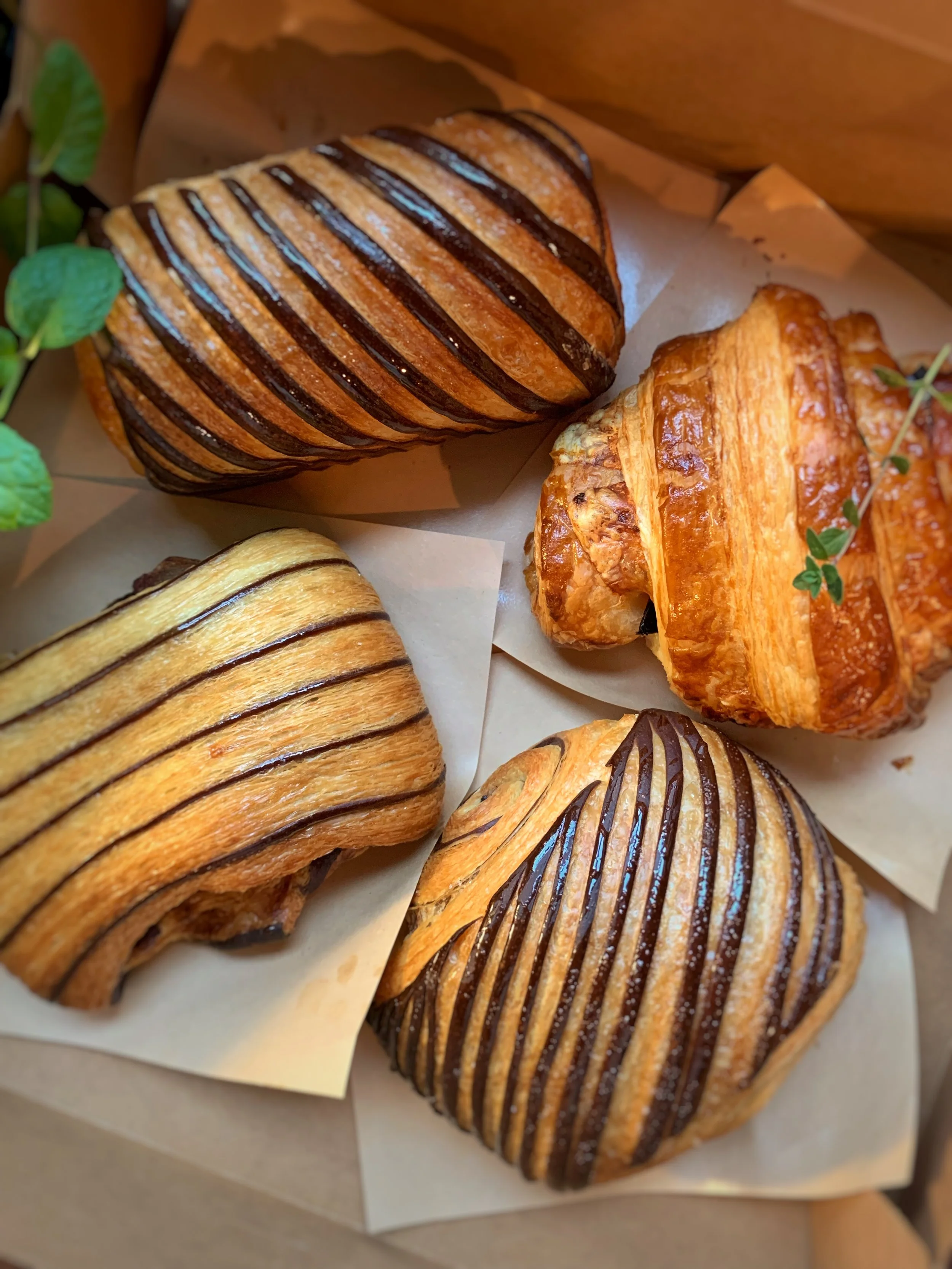 A full of buttery croissants from sweet to savory...Chocolate & Praline Croissant, Pain Suisse, Pain au Chocolat and Pain au Jambon