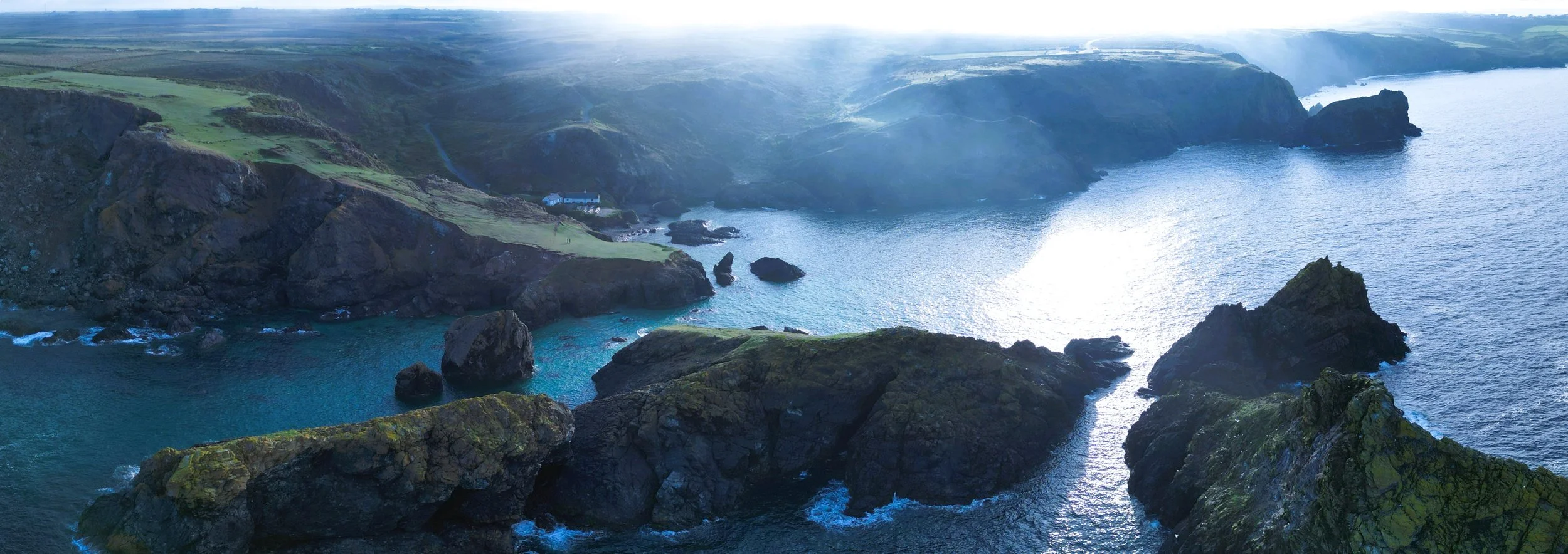 Kynance Cove Sunlit Panorama | Aerial Cornwall Photography Print