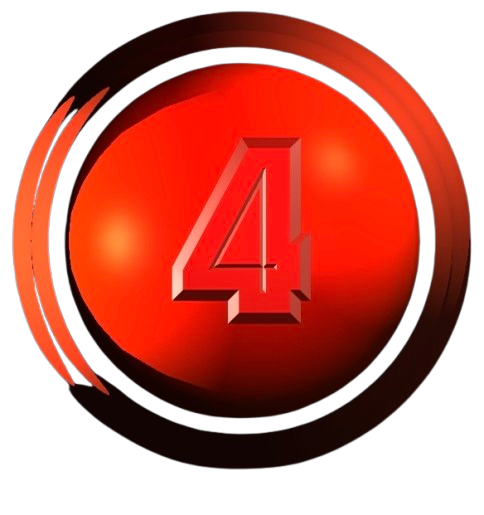 Red circular graphic with the number 4 in the center, surrounded by black and red swoosh design elements.