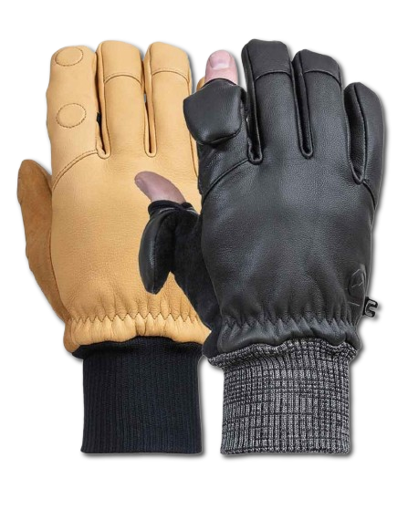 Pair of gloves, one tan and one black, with the black glove showing a pink thumb and a logo on the wrist, against a black background.