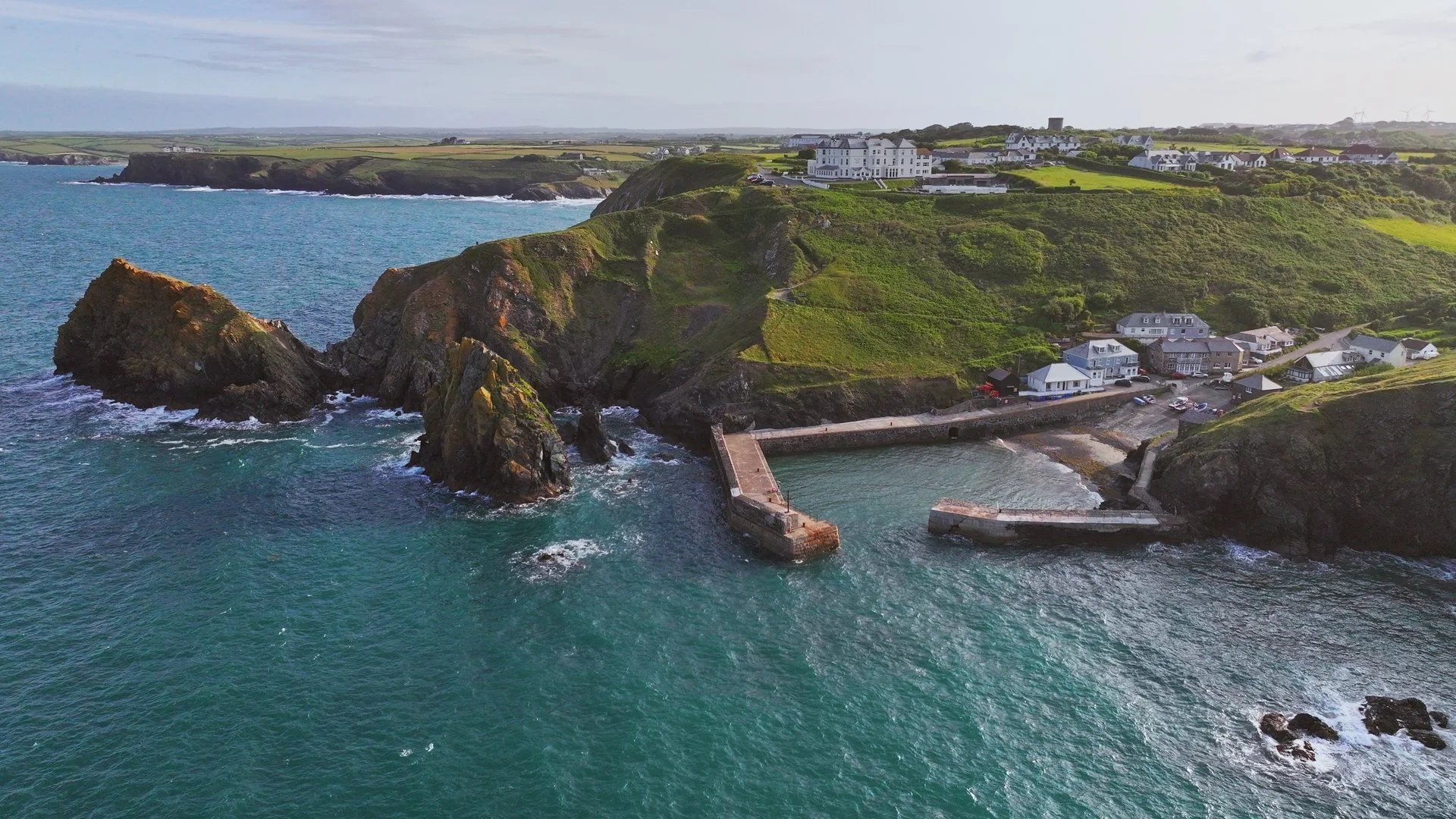 Aerial view of Mullion Harbour and Beyond