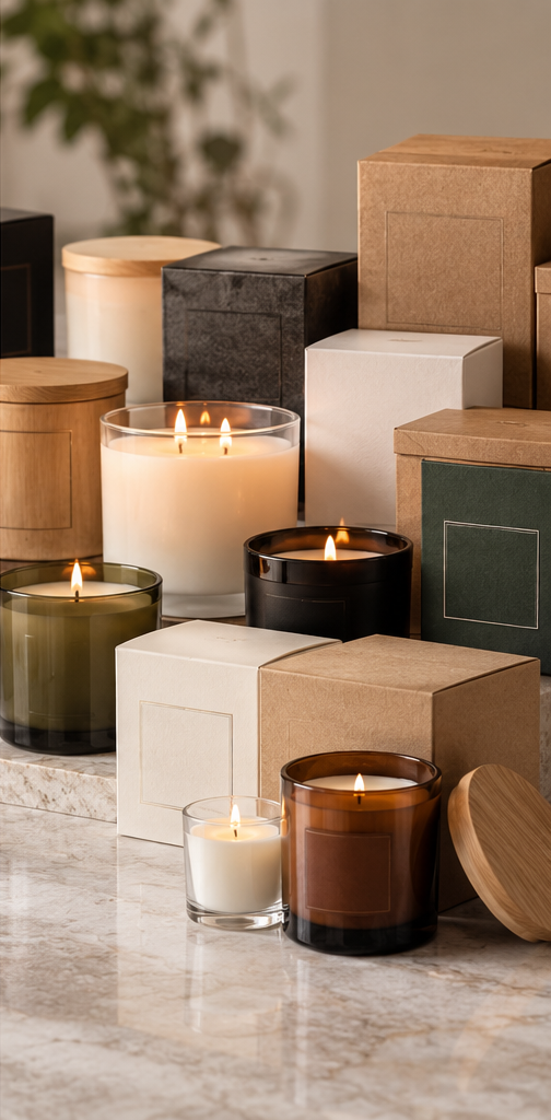 Custom private-label candles in glass jars with coordinating packaging boxes, showcasing candle manufacturing and packaging options by Paramold USA.