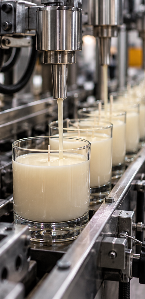 Automated candle-filling equipment pouring wax into glass candle jars during the manufacturing process at Paramold Manufacturing in the USA.