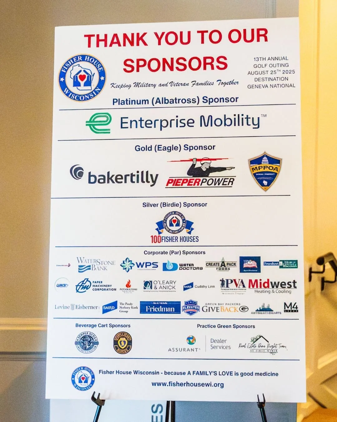 ⛳ What an incredible day it was at the 13th Annual Fisher House Wisconsin Golf Outing! ⛳

We are beyond grateful for the support of our amazing sponsors who make this event possible each year:

Platinum Sponsor
&ndash; Enterprise Mobility

Gold Spons