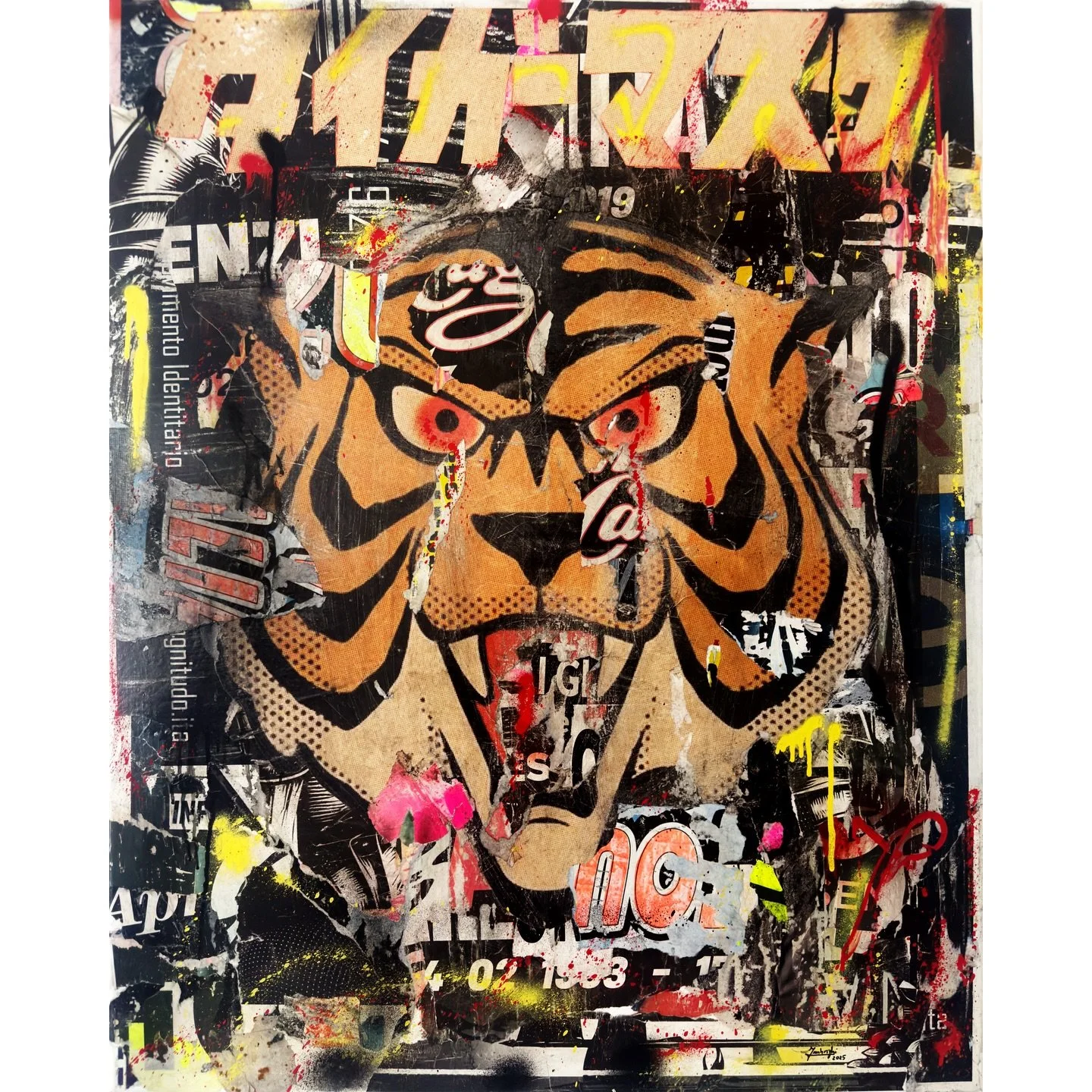 Title: Fight for Freedom 
Technique: Paper / Acrylic / Painting on canvas 
Size: 80x100x2 cm 
Year: 2025 / Rome 

#tigermask #tigerman #uomotigre