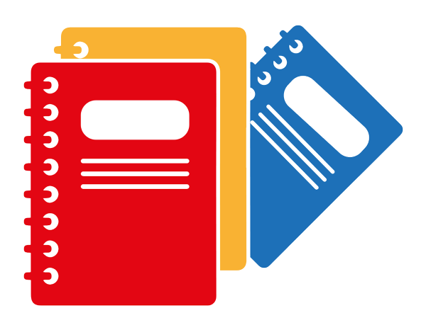 Red, yellow, and blue notepad notebooks stacked together.