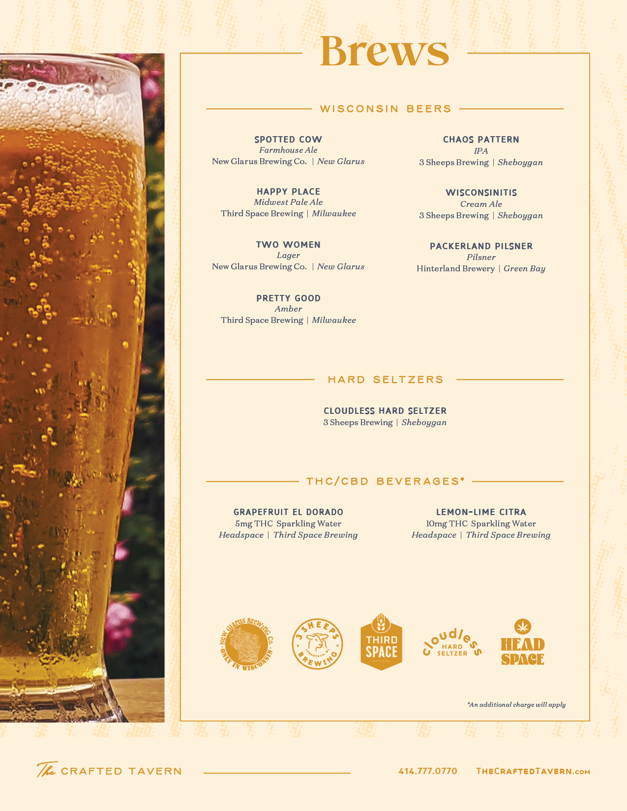 Menu of craft beers and beverages at a tavern, featuring Wisconsin beers, hard seltzers, and THC/CBD sparkling waters, with a close-up of a glass of beer on the left.