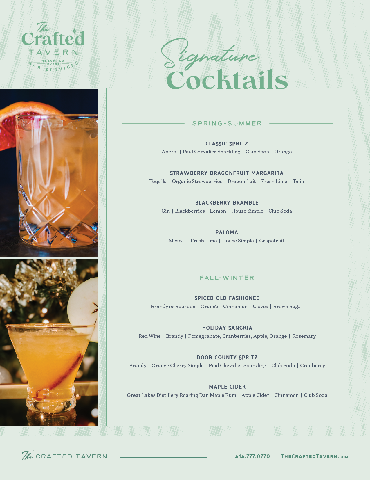 A menu featuring signature cocktails at The Crafted Tavern, including Classic Spritz, Strawberry Dragonfruit Margarita, Blackberry Bramble, Paloma, and seasonal drinks with ingredients listed.