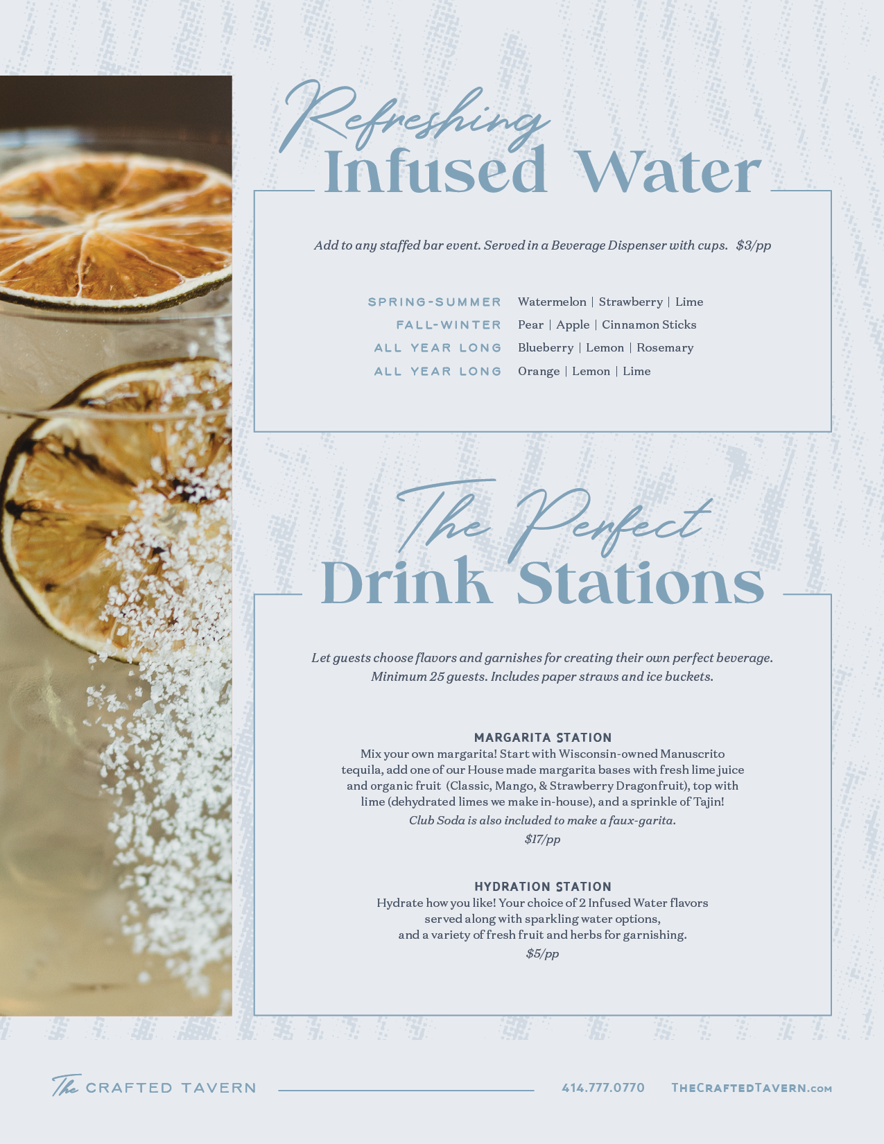 A drink menu from a tavern, featuring flavored infused waters organized by seasons and year-round options, with a background image of dehydrated citrus slices and salt. Includes sections for margarita and hydration stations.