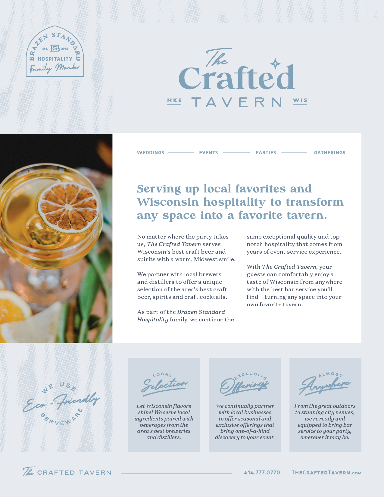 A webpage with the logo and name of The Crafted Tavern, a Wisconsin-based hospitality service. It features a photo of a drink with a slice of citrus fruit, and text describing serving Wisconsin craft beer and spirits, partnering with local brewers an