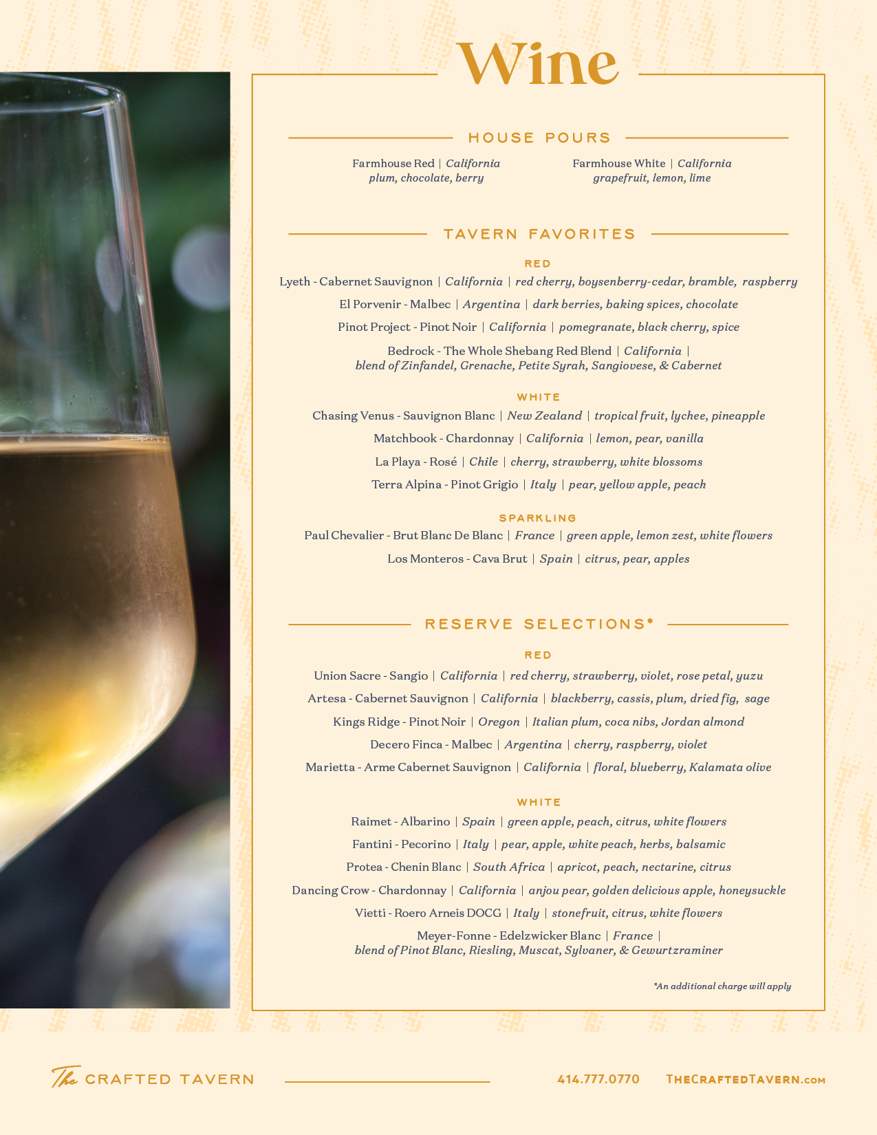 Wine menu featuring house pours, tavern favorites in red and white, sparkling options, and reserve selections, with a glass of white wine on the side.