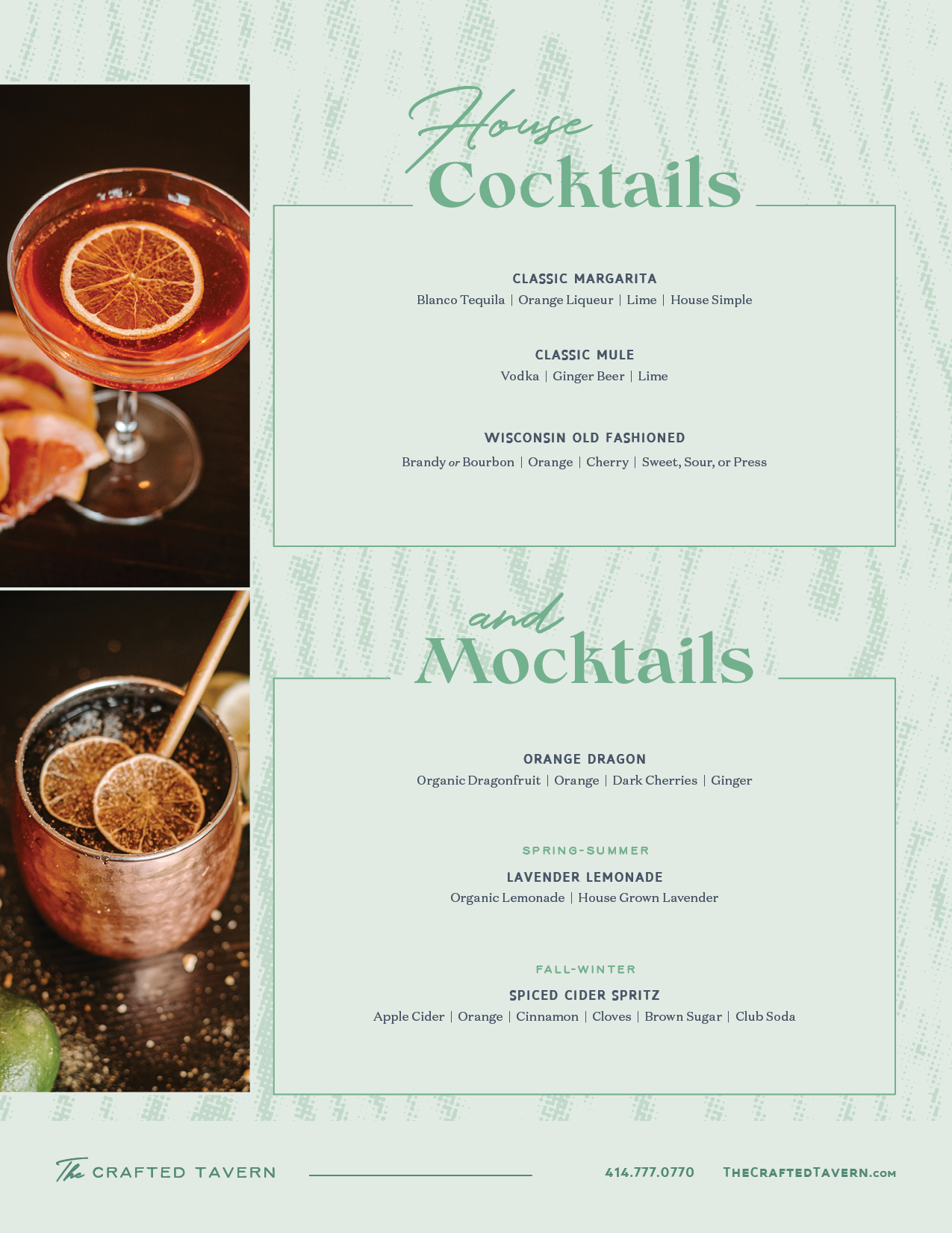 A menu from The Crafted Tavern listing house cocktails including classic margarita, classic mule, and Wisconsin Old Fashioned, as well as mocktails like orange dragon, lavender lemonade, and spiced cider spritz, with images of cocktails on the side.