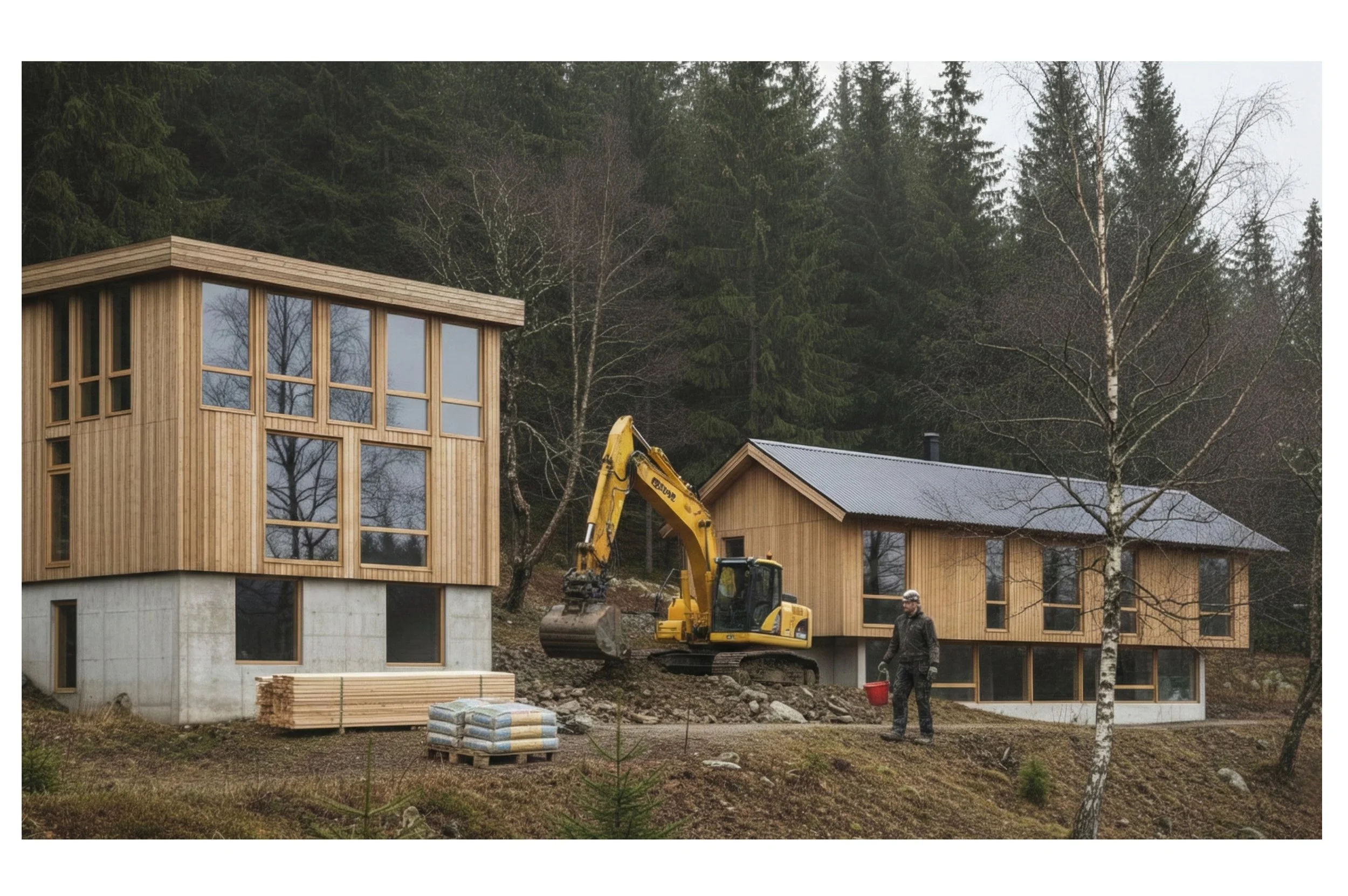 På byggeplass med to trebygninger, gravemaskin og en person med hjelm og verneutstyr som bærer en rød bøtte.