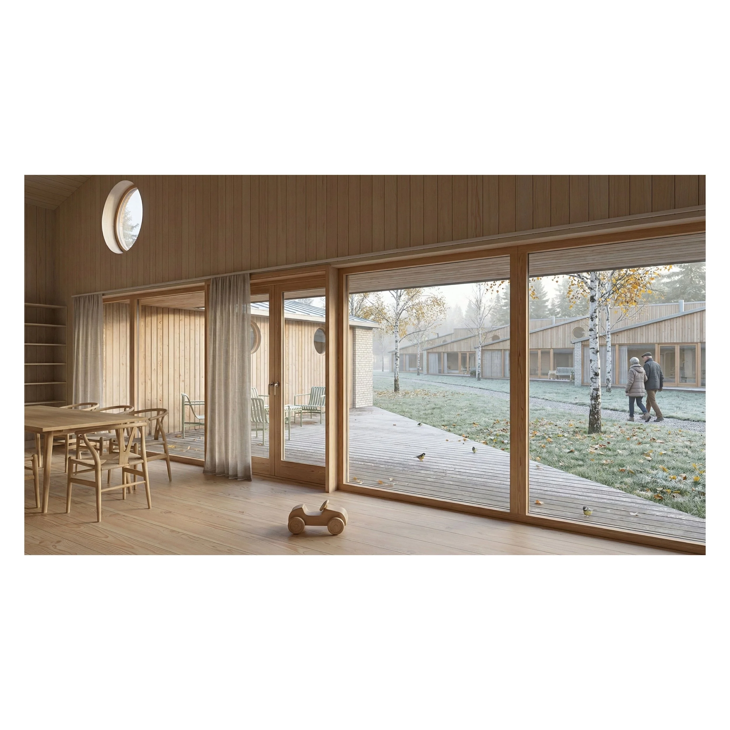 Innendørs rom med store vinduer som vender ut mot en uteplass med trær, og personer som går utenfor. Møbler i lys treverk inkluderer et spisebord med stoler og en liten leketøysbil.