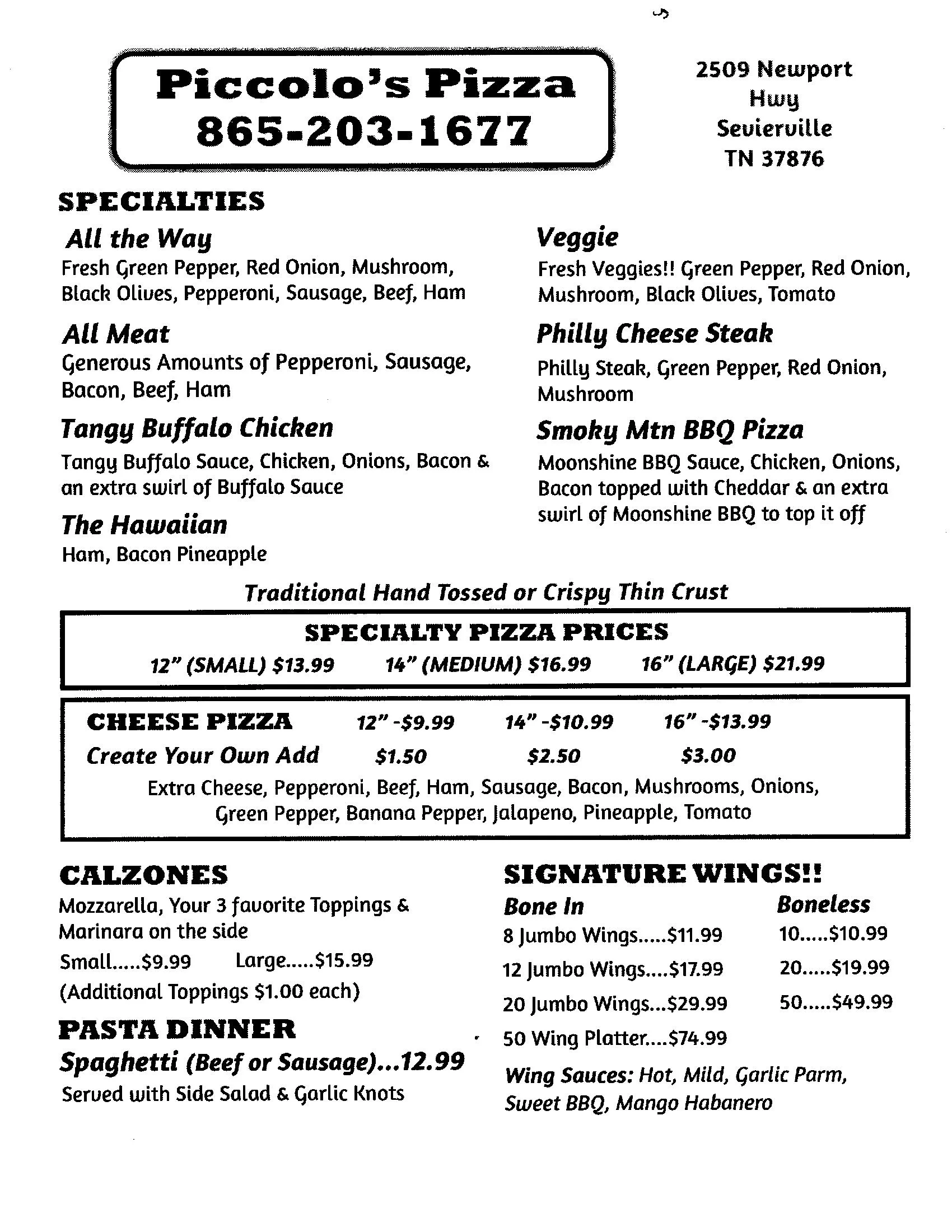 Menu — Piccolo's Pizza Sevierville, TN