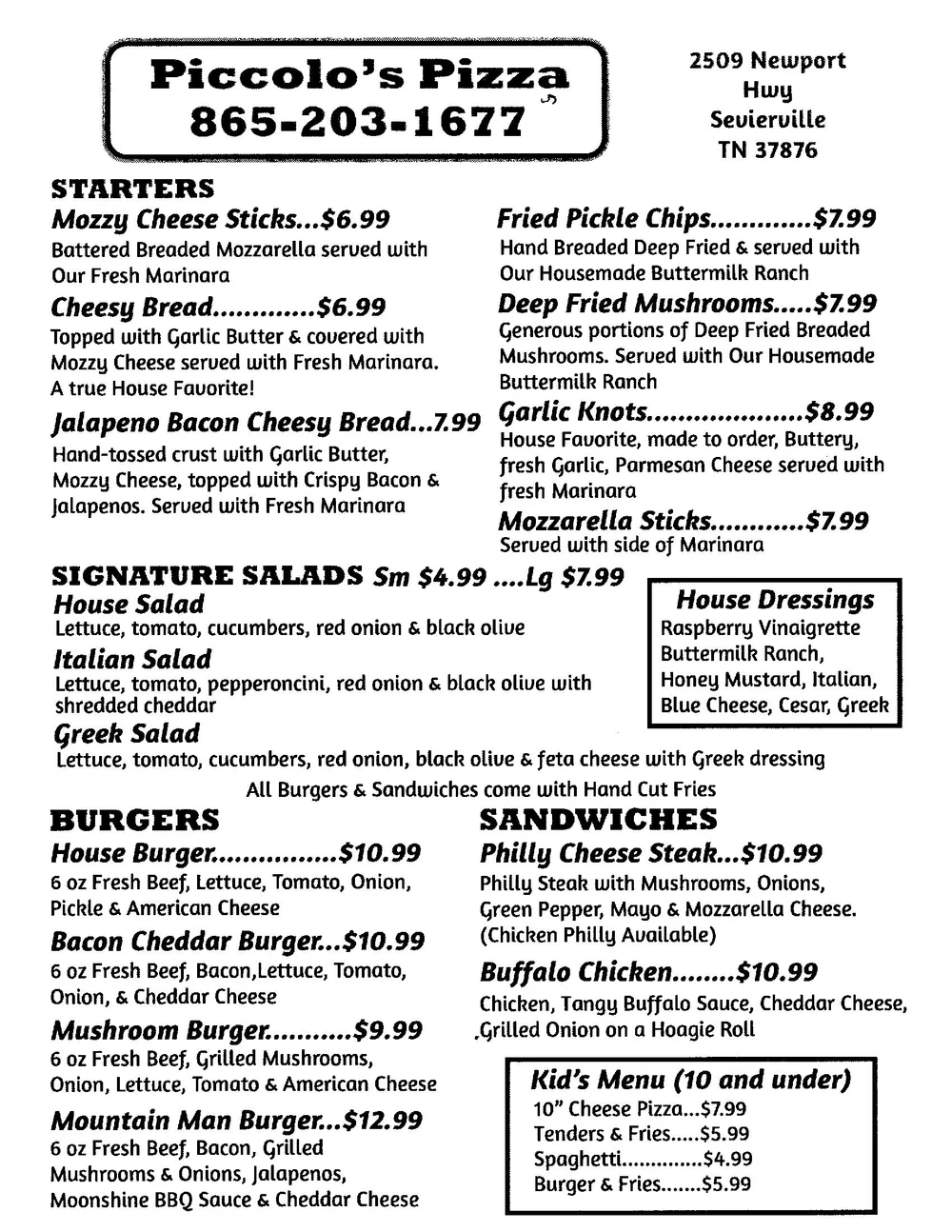 Menu — Piccolo's Pizza Sevierville, TN