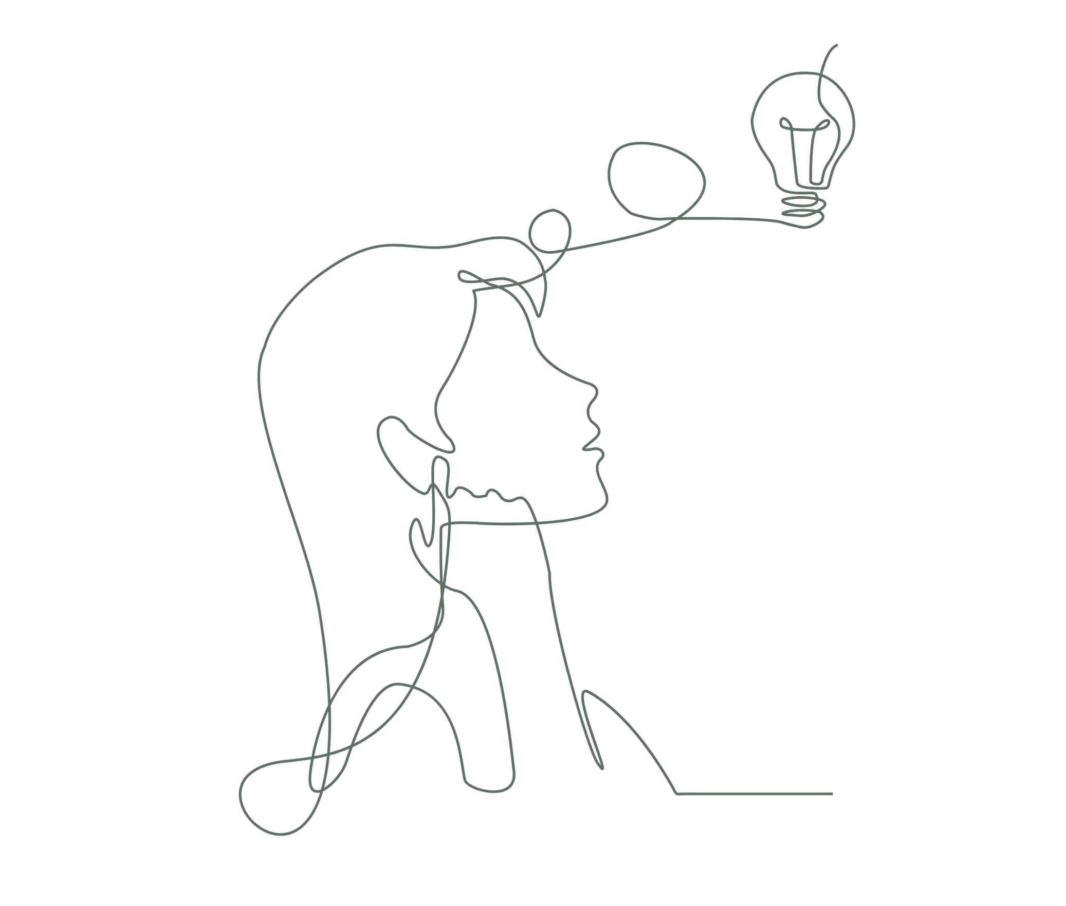 a line drawing of a woman thinking deeply with a light bulb above her head representing the deep thinking and reflecting she does through counseling at ethredge counseling group in charleston south carolina