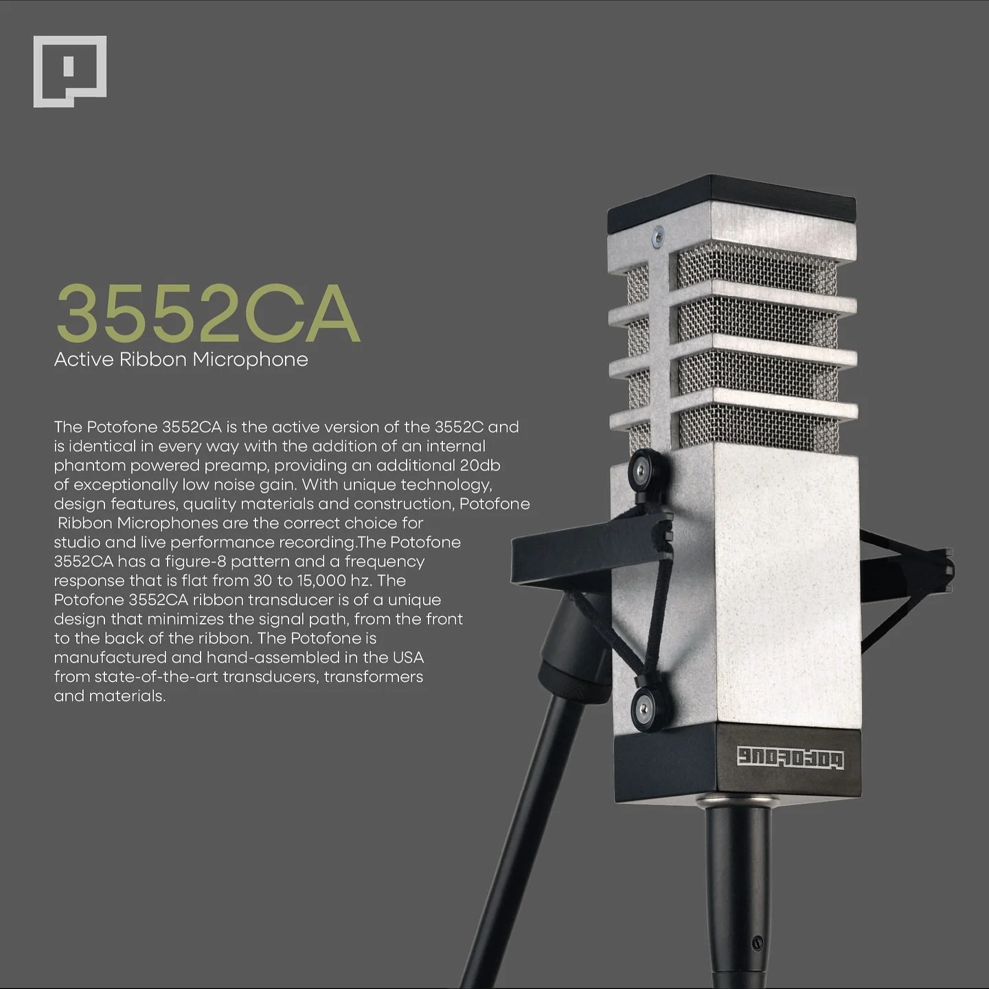 🎙️ 3552CA Active Ribbon Microphone
Introducing the Potofone 3552CA Active Ribbon Microphone, the same classic character of the 3552C, now with +20dB of ultra-low-noise gain built right in.

The 3552CA is the active version of our standard ribbon mod