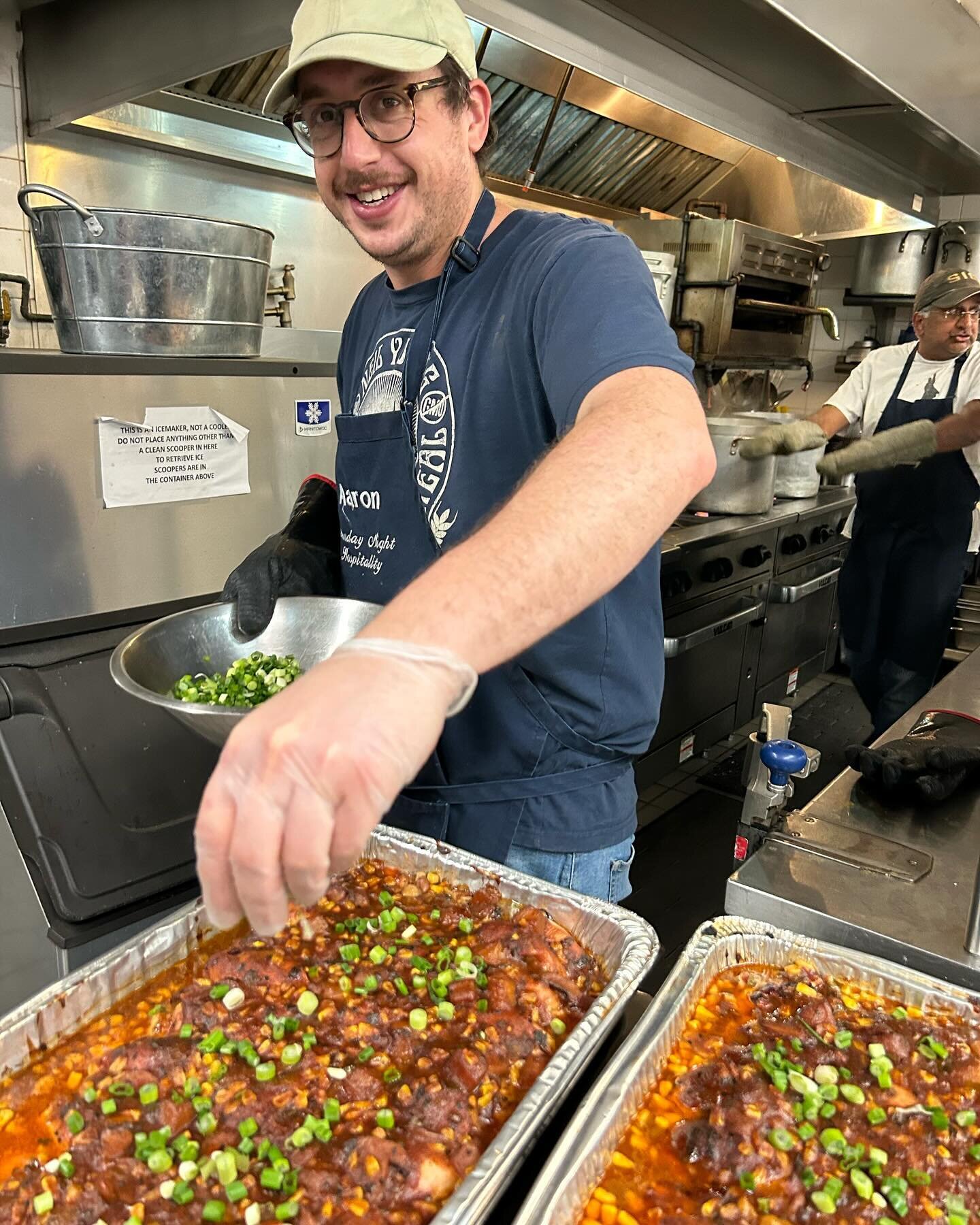Chef Aaron is smiling because he&rsquo;s putting finishing touches on his delicious Hawaiian chicken. Chef Shelley&rsquo;s red bean, corn and tofu chili. Both dishes got rave reviews from our guests.