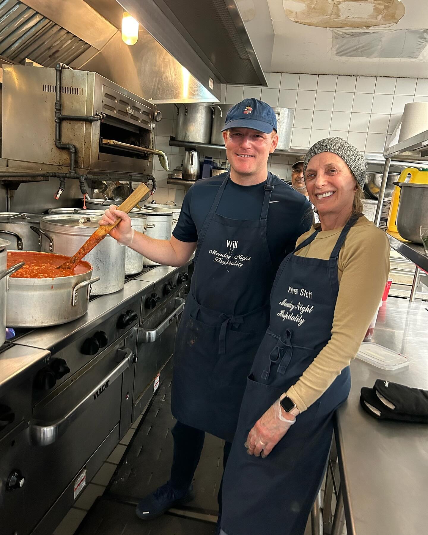 Chefs Shelley and Will preparing Italian white bean chicken and Spanish lentil stew. Over 400 delicious meals enjoyed by our guests tonight