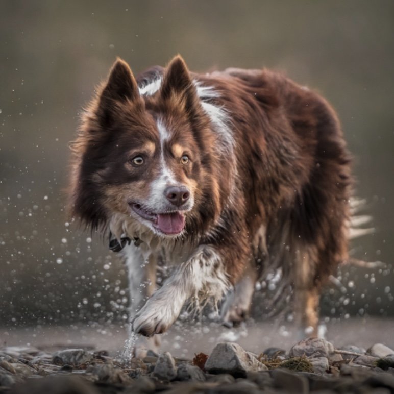 A brown and white Australian Shepherd dog running through shallow water with stones, with water splashing around.