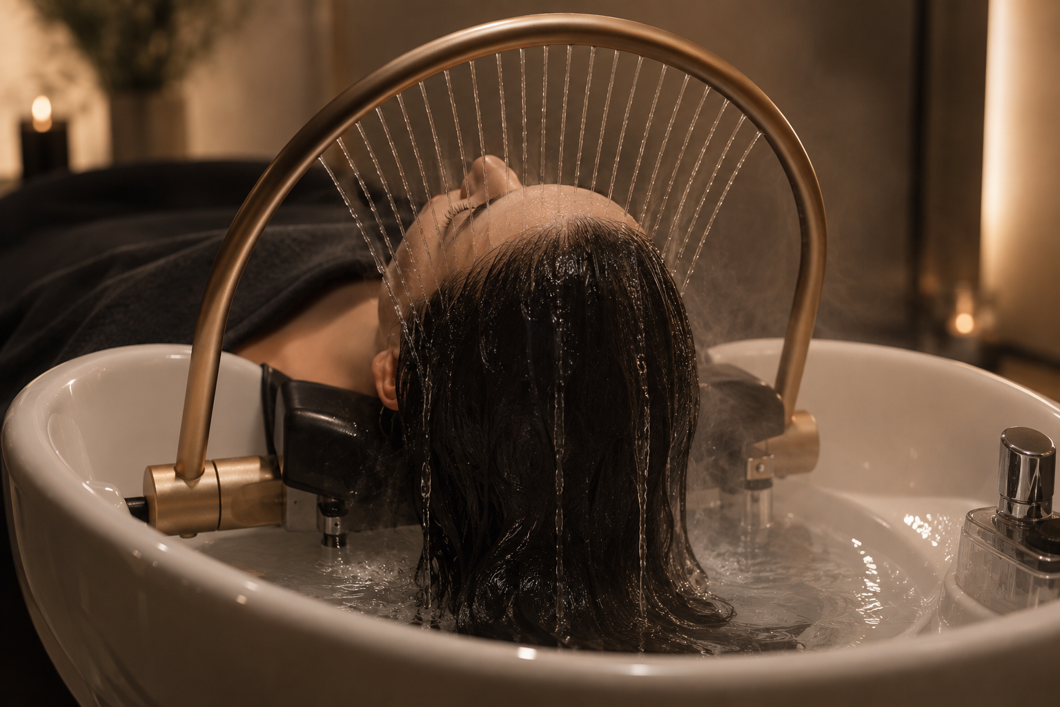 Person lying face down on a padded surface, looking into a circular opening of a large, circular machine or equipment in a dimly lit room.