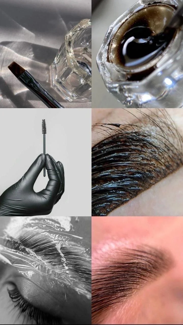 Collage of beauty and cosmetic tools: an empty glass container, a close-up of a small glass jar with dark liquid, a person holding a mascara wand, a person's eyebrow with dark gel, a transparent plastic sheet on an eye with mascara application, and a finished eyebrow with makeup.