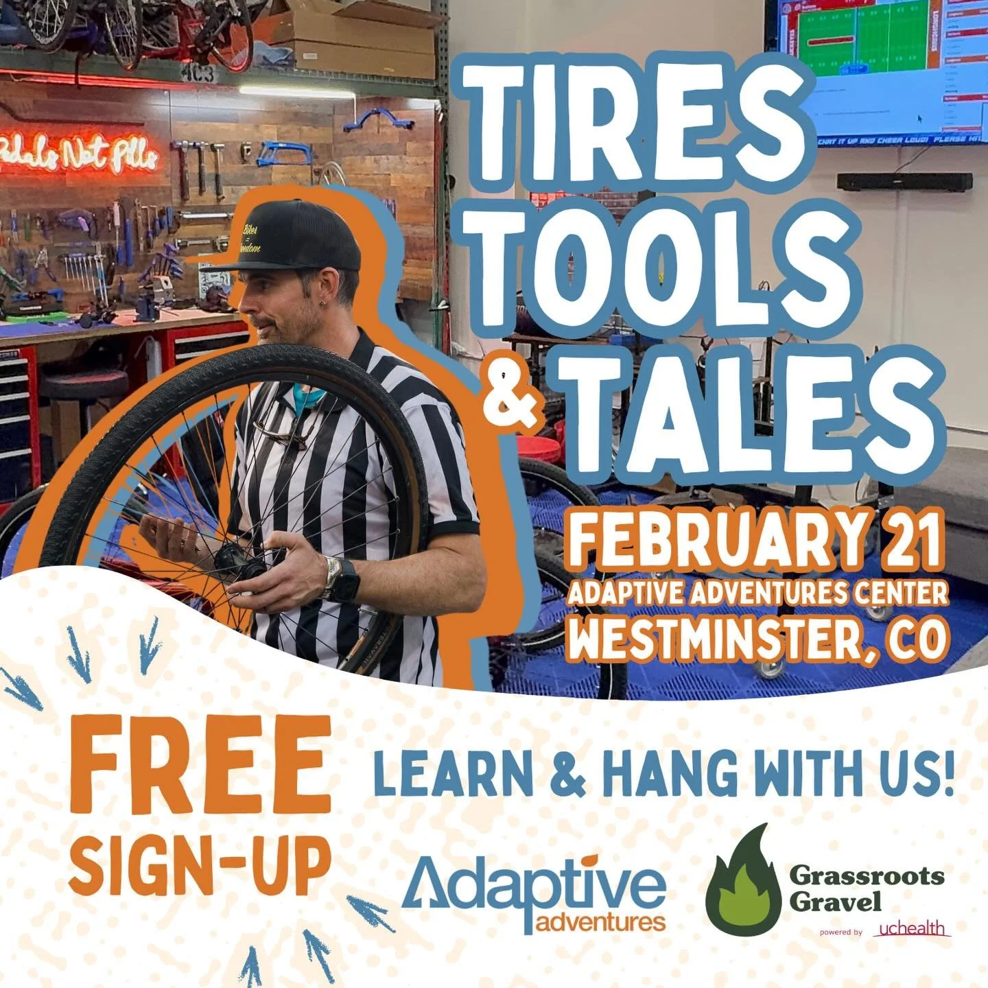 Come hang and learn with us February 21st at the Adaptive Adventures Center! Tires, Tools &amp; Tales with Grassroots Gravel is a free event that will feature stories from leaders of @grassrootsgravel and @adaptiveadventures along with a repair basic