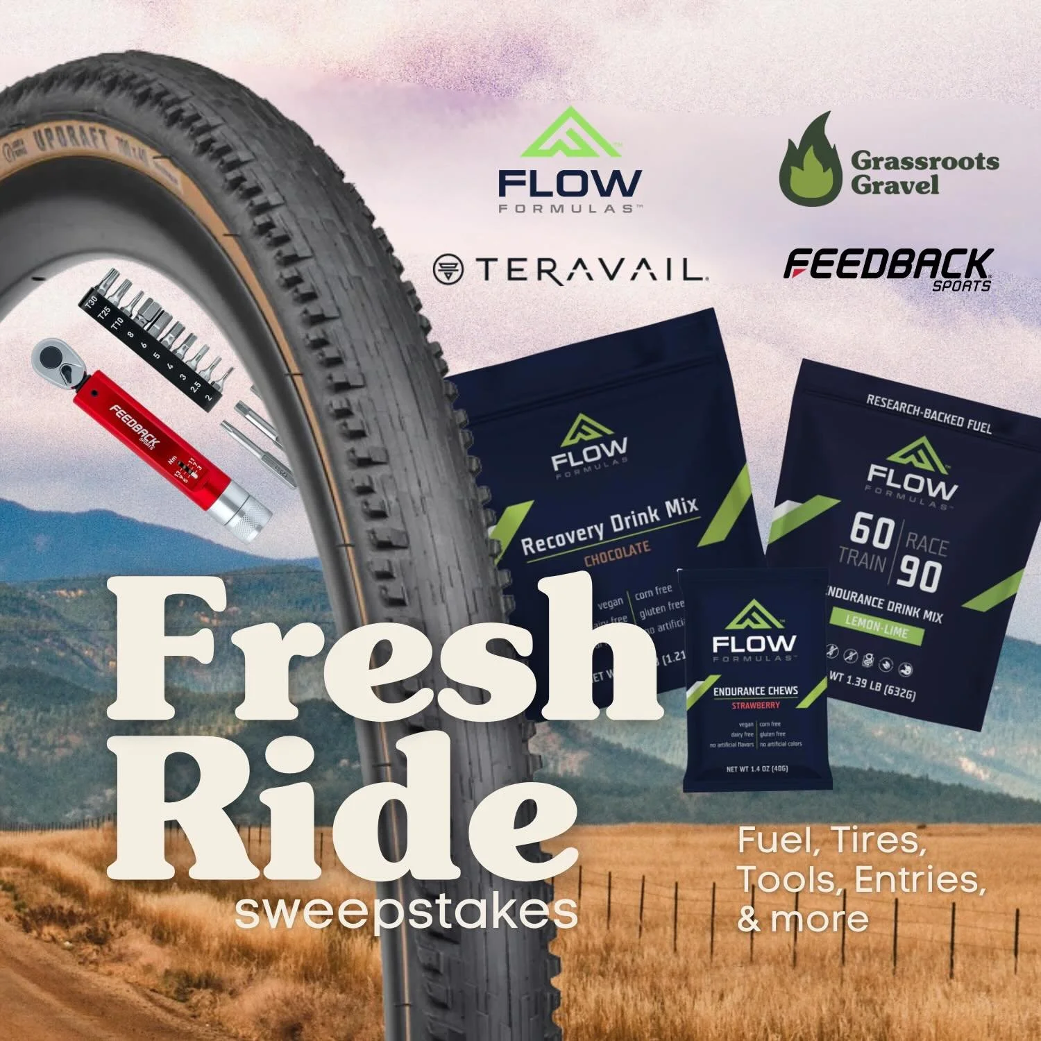 Sweepstakes closes at midnight tonight! Enter at the link in our bio for a chance to win @flowformulas fuel, @teravail tires, @feedbacksports tools and entries to @grassrootsgravel 💚
