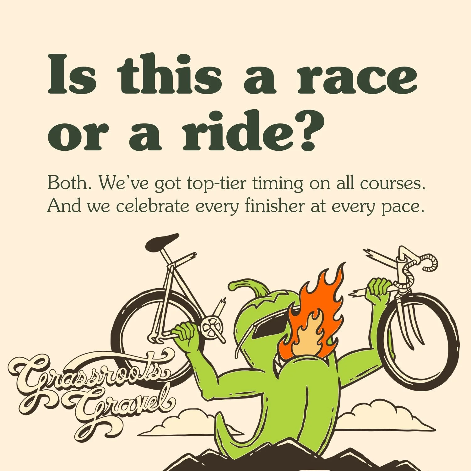 We get this one a lot. ✋ Think of Grassroots Gravel as a delicious bicycle buffet. Make it what you want. Every course features well-maintained gravel, full and friendly support, and the best timing in the biz. Every person and every pace is welcome.