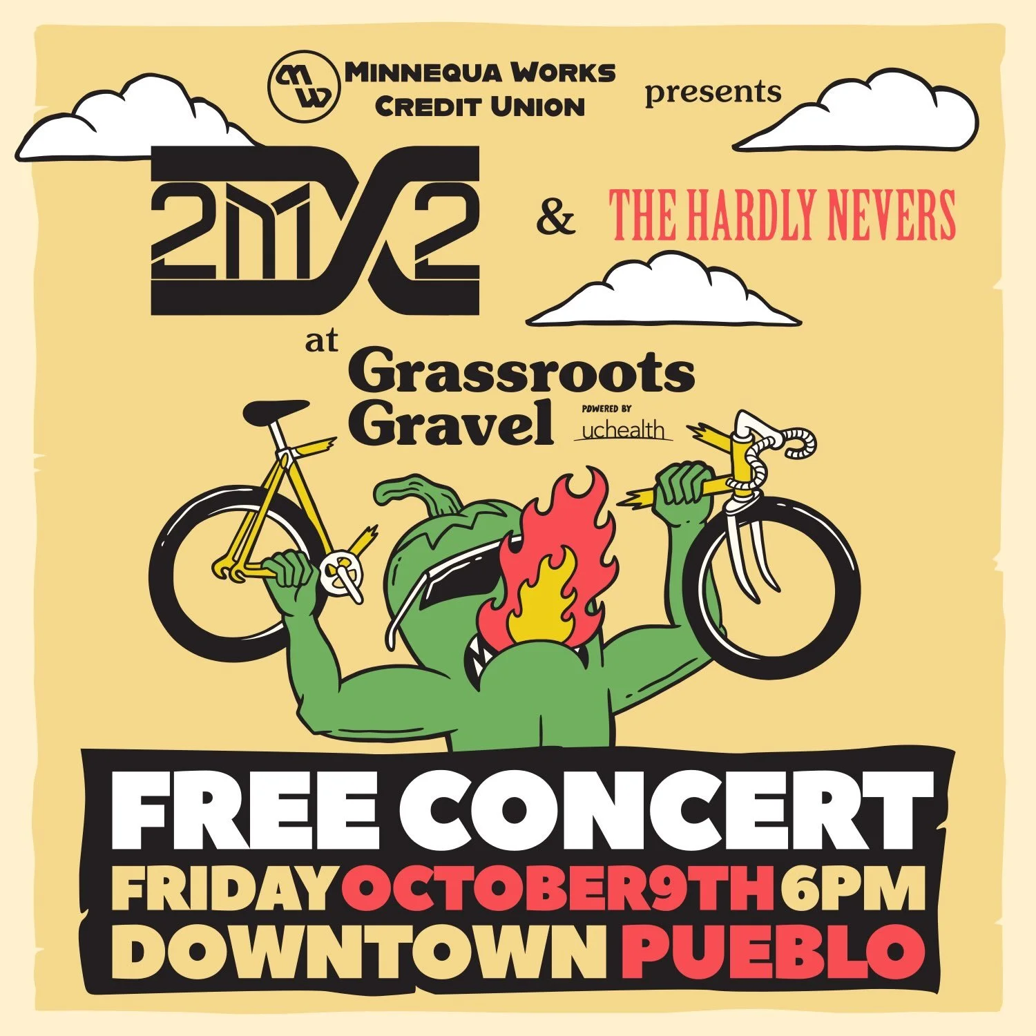 Big concert energy is coming to downtown Pueblo at Grassroots Gravel thanks to @minnequaworkscu 🎶🌶️Pueblo&rsquo;s own The Hardly Nevers will open for Denver&rsquo;s celebrated 2MX2: a bilingual alterNATIVE rock, hip hop, and Latin fusion band bring